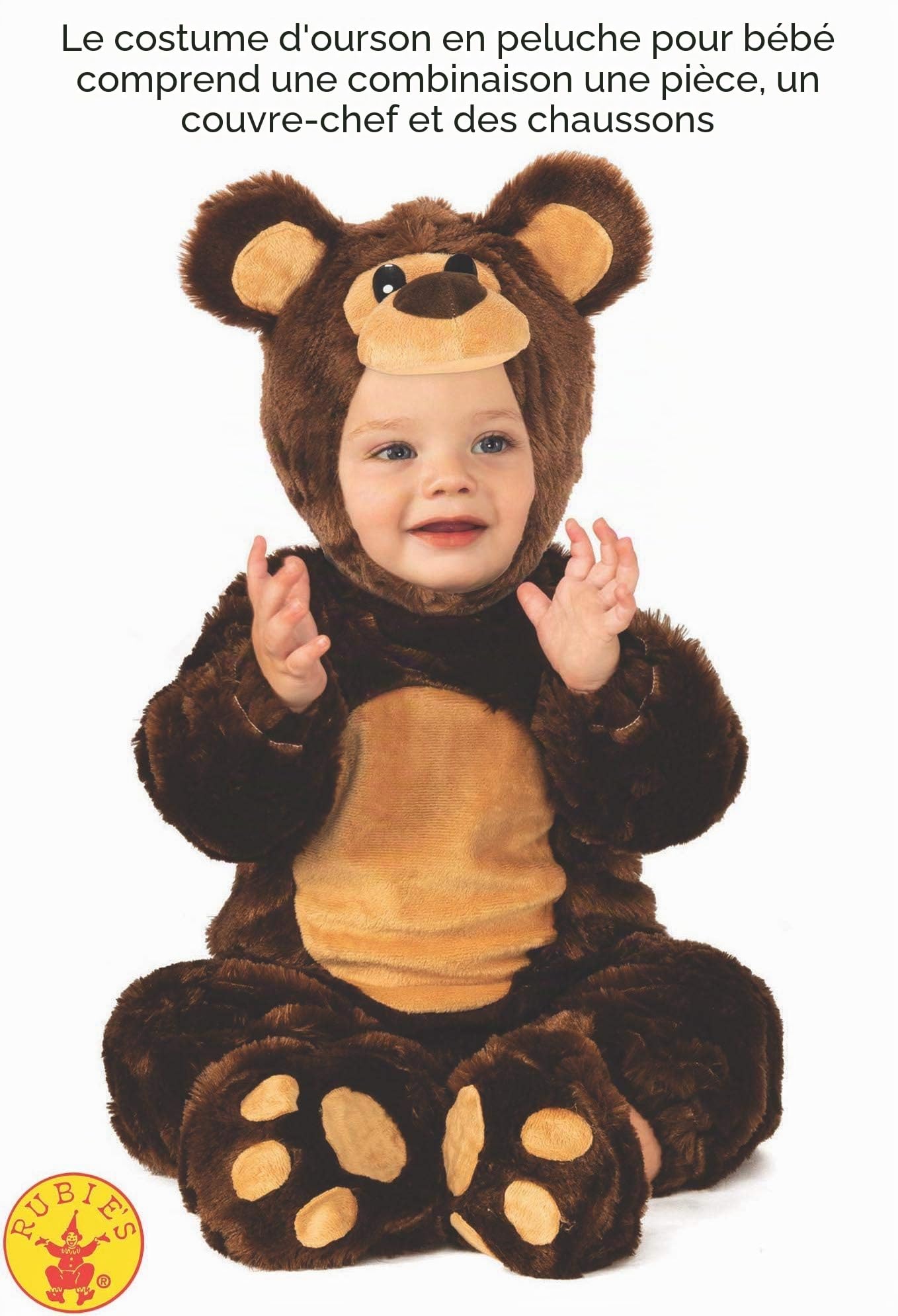 Rubies Costume d'ours Teddy pour garçon et fille, taille bébé 1 à 2 ans, combinaison marron avec bonnet, original Rubies pour Halloween, Noël, carnaval et anniversaire