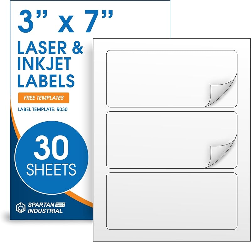 Etiquetas imprimibles de color blanco mate de 3" x 7" para impresoras láser y de inyección de tinta - 30 hojas, 90 pegatinas personalizadas en total para etiquetado de productos, logotipos comerciales, pegatinas de embalaje - Plantilla industrial Spartan R030