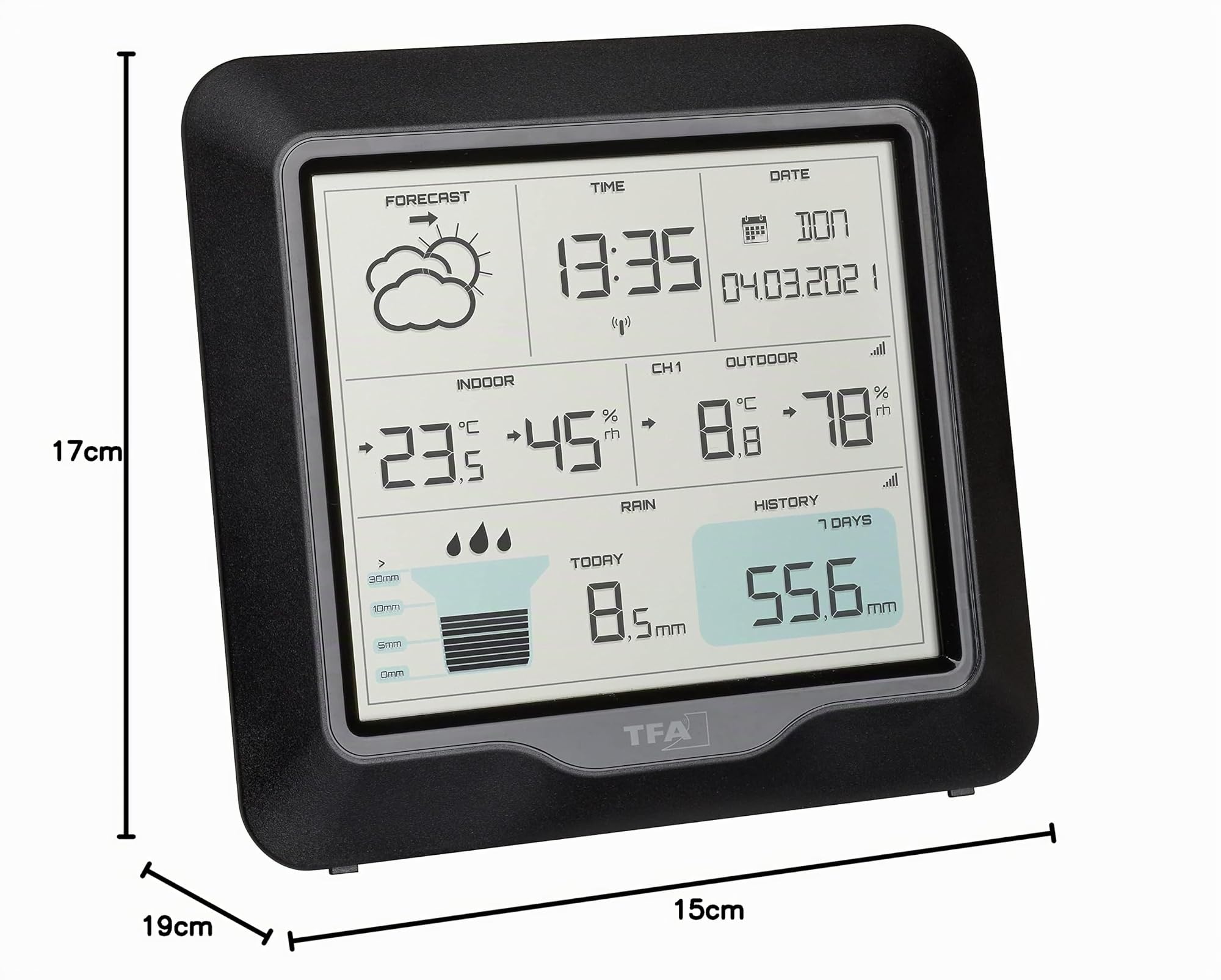 TFA Dostmann stazione meteo con pluviometro Rain Pro, 35.1160.01, con sensore esterno radiocontrollata, previsioni meteo, temperatura intera e esterna, allarme, umidità, nero