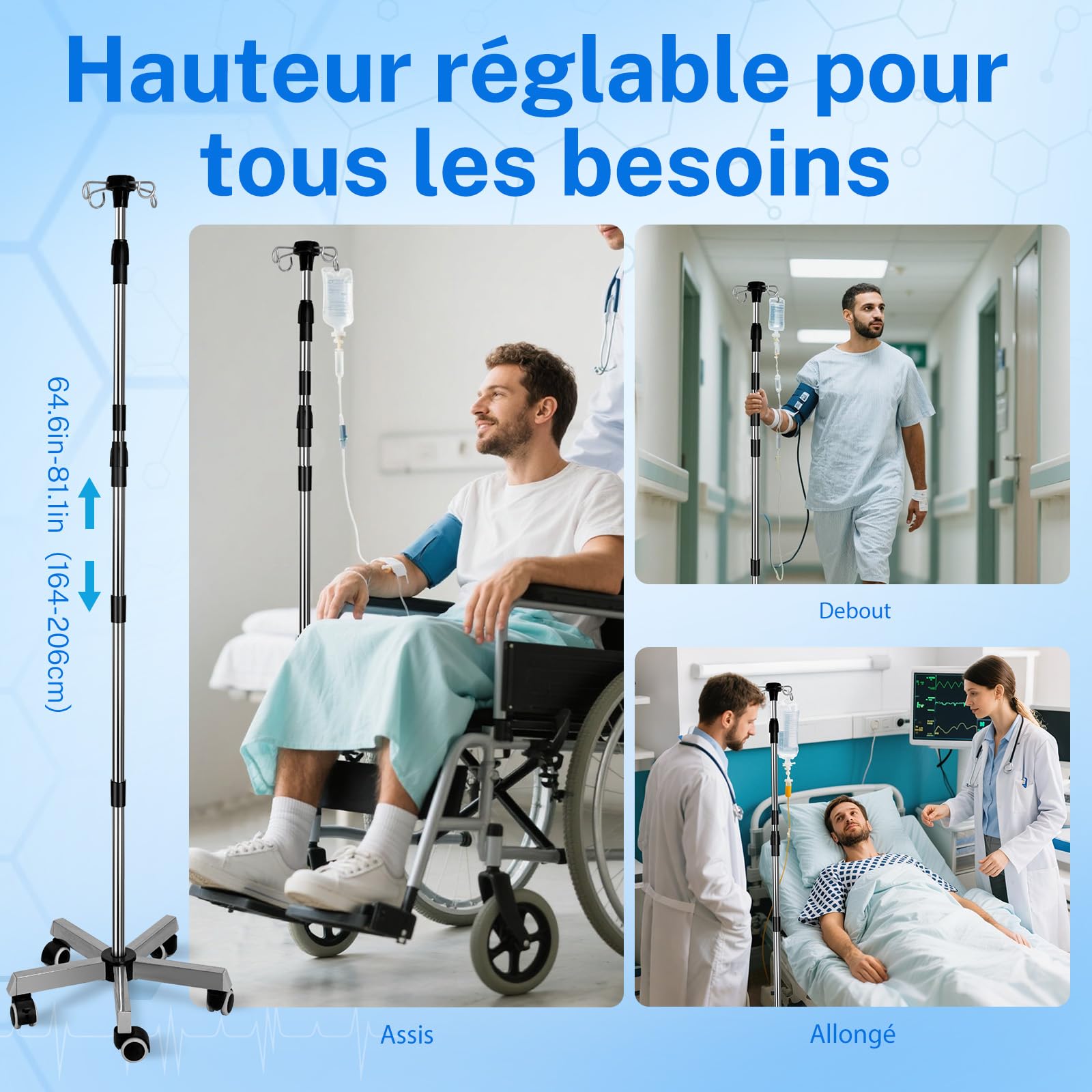 Infusionsständer mit 4 Haken und 5 Beinen, Rollen mit Feststellbremse, Verstellbare Höhe von 164 bis 206 cm, Tragbarer Medizinischer Infusionsständer, Edelstahl