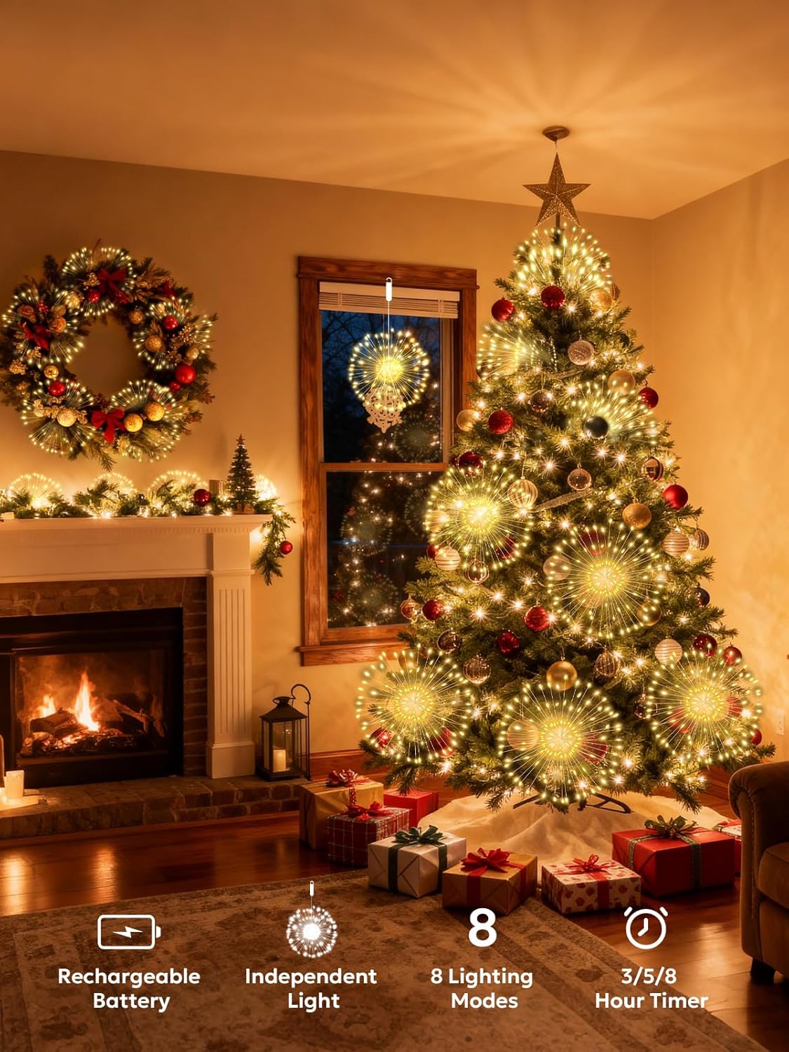 FOOING 4 Pack Firework Lights LED, Hanging Christmas Lights, 8 Modes USB Rechargeable Battery Operated Fairy Light with Remote, Twinkle Star String Lights for Party Christmas Decoration Outdoor Indoor