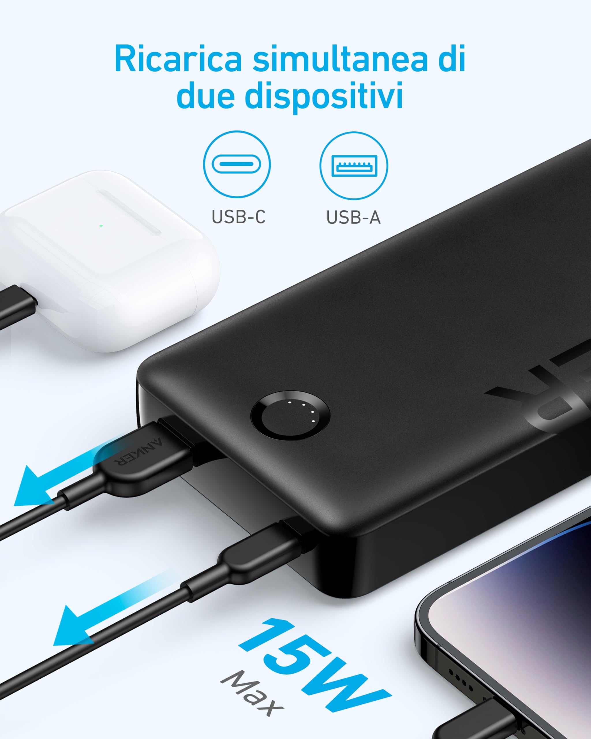 Anker Power Bank, 325 PowerCore 20K II, Batteria da 20.000 mAh con Porta USB-C (input & output), Potenza Massima di 15 W per iPhone 16, Samsung e altro ancora(Nero)