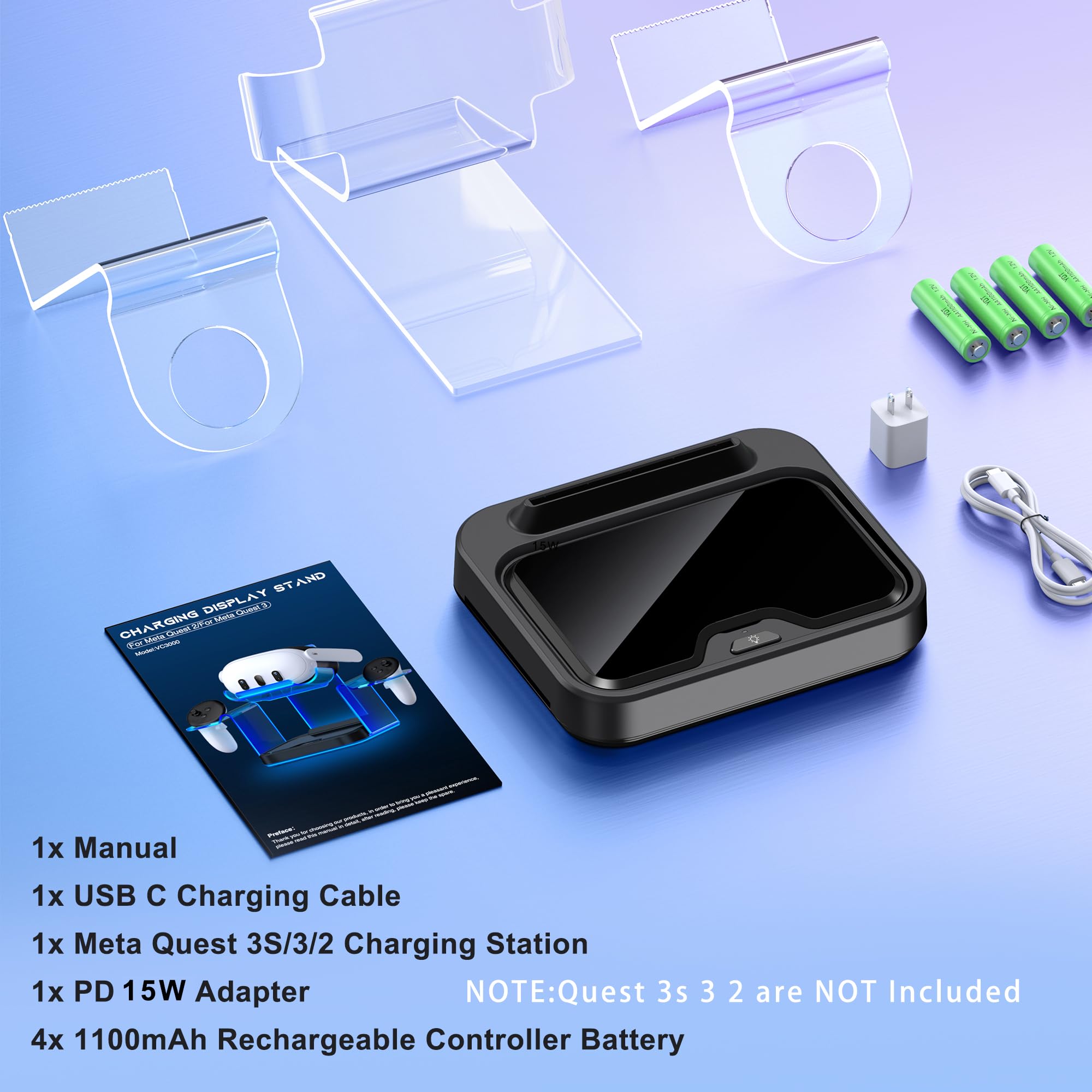 Ladestation für Meta Quest 3/3S/2 mit 4 wiederaufladbaren Controller-Akkus, Luxuriöse VR-Headset-Ladestation mit LED-Licht, USB-C-Kabel, 15W Adapter, für Meta Quest 3, 3S, 2, Oculus 2