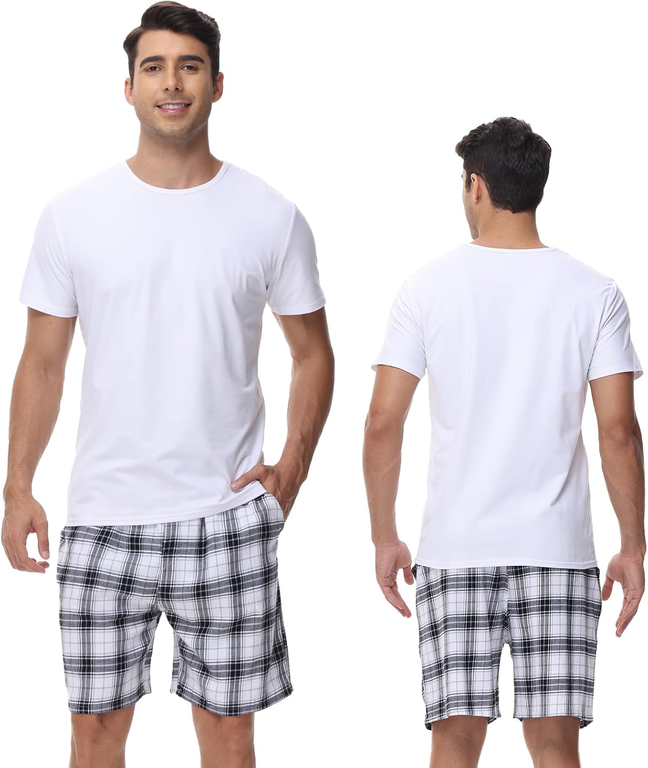 yuyangdpb Men's 3-Pack Woven Pajama Short Cotton Plaid Sleepwear Shorts Button Open Fly with Pockets - Image 2