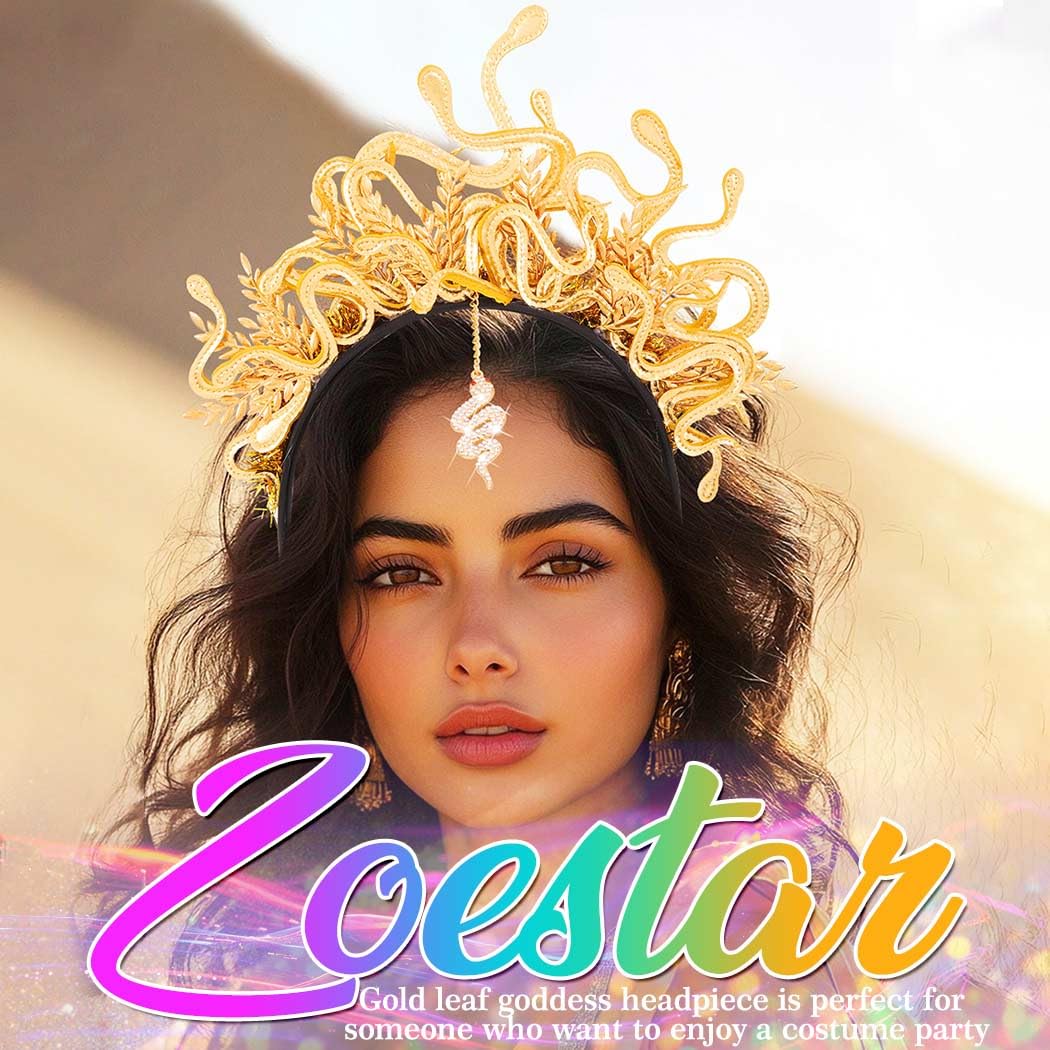 Zoestar Medusa Snake Headband Gold Leaf Greek Goddess Headpiece Rhinestone Snake Pendant Headdress Festival Costume Hair Accessories for Women - Image 4
