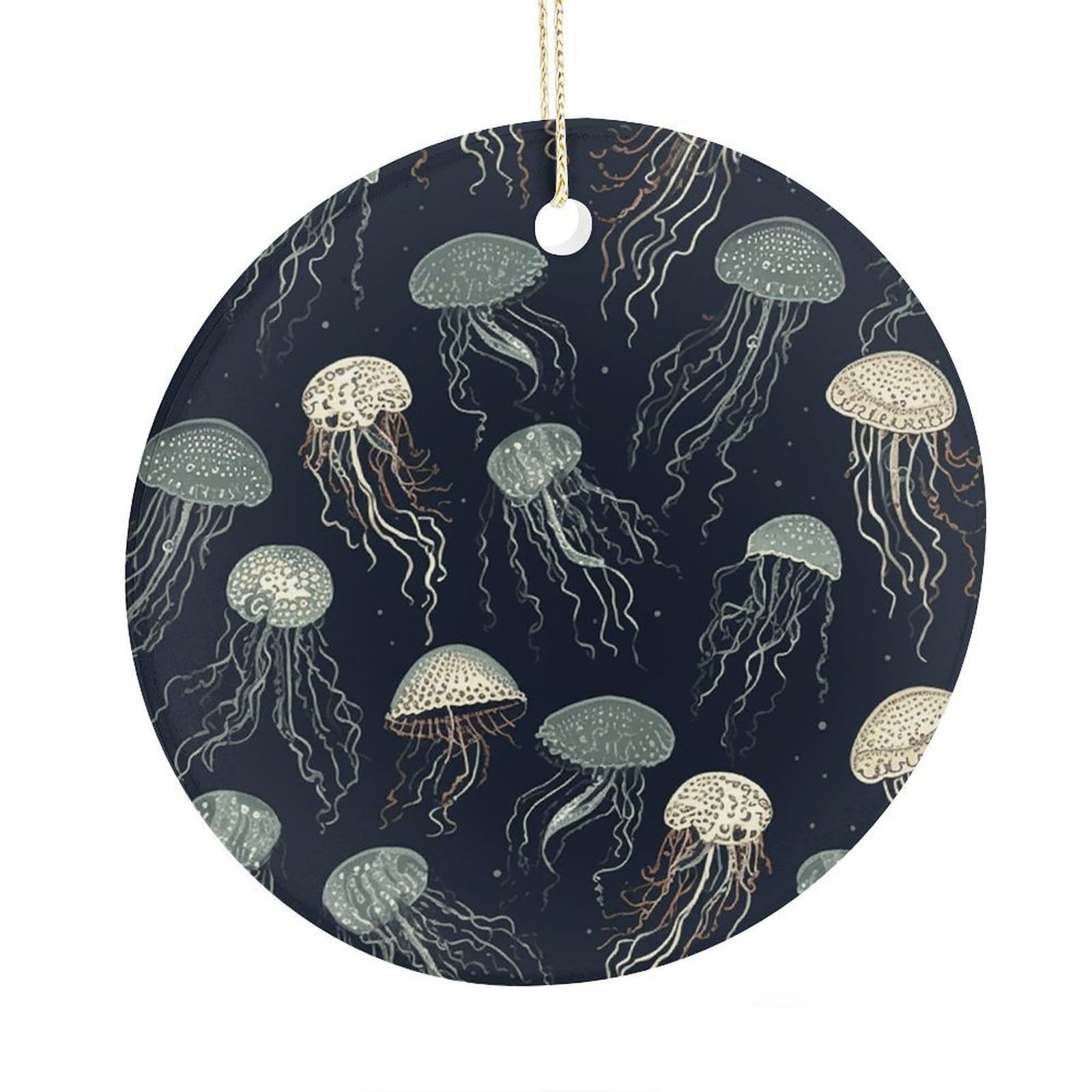 Fekiloot Style Jellyfish Pattern Christmas Ornaments 2.9 Inch Round Ceramic Ornament Keepsake Thank You Gifts For Office, Room, Home - Holiday Present Ideas