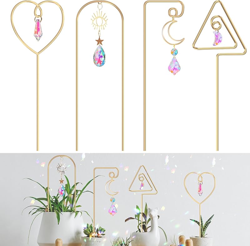 WellSign 14.17 Inch Small Trellis for Potted Plants Indoor Outdoor | 4 Pack Metal Plant Lattice with Colorful Crystal Sun Catcher for Mini Potted Decoration for Home Window Garden