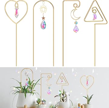 WellSign Small Trellis for Potted Plants Indoor with Colorful Crystal Sun Catcher, 14.17 Inch Metal Plant Lattice for Mini Potted Plant Decoration for Home Window Garden 4 Pack