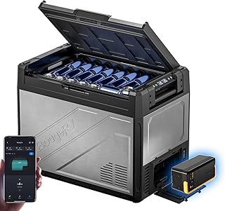 BougeRV Rocky V3.0 65L Auto Kühlbox mit Akku 240Wh, Dual Zonen Kompressor Akku Kühlbox 12V/24V 230V mit Gefrierfach APP-Steuerung Metallgehäuse IPX4 für Camping Reisen Boot Angeln, -20℃~20℃
