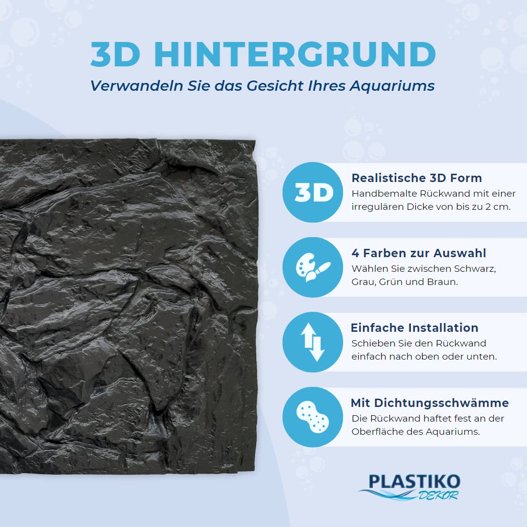 PLASTIKO - Aquarium Hintergrund 3D I Rückwänd 80x50 cm I Leicht zu Montieren und Reinigen I Keine Verklebung Erforderlich I Sicher für Tiere I Grau mit einem Muster aus Niedrigen Steinen