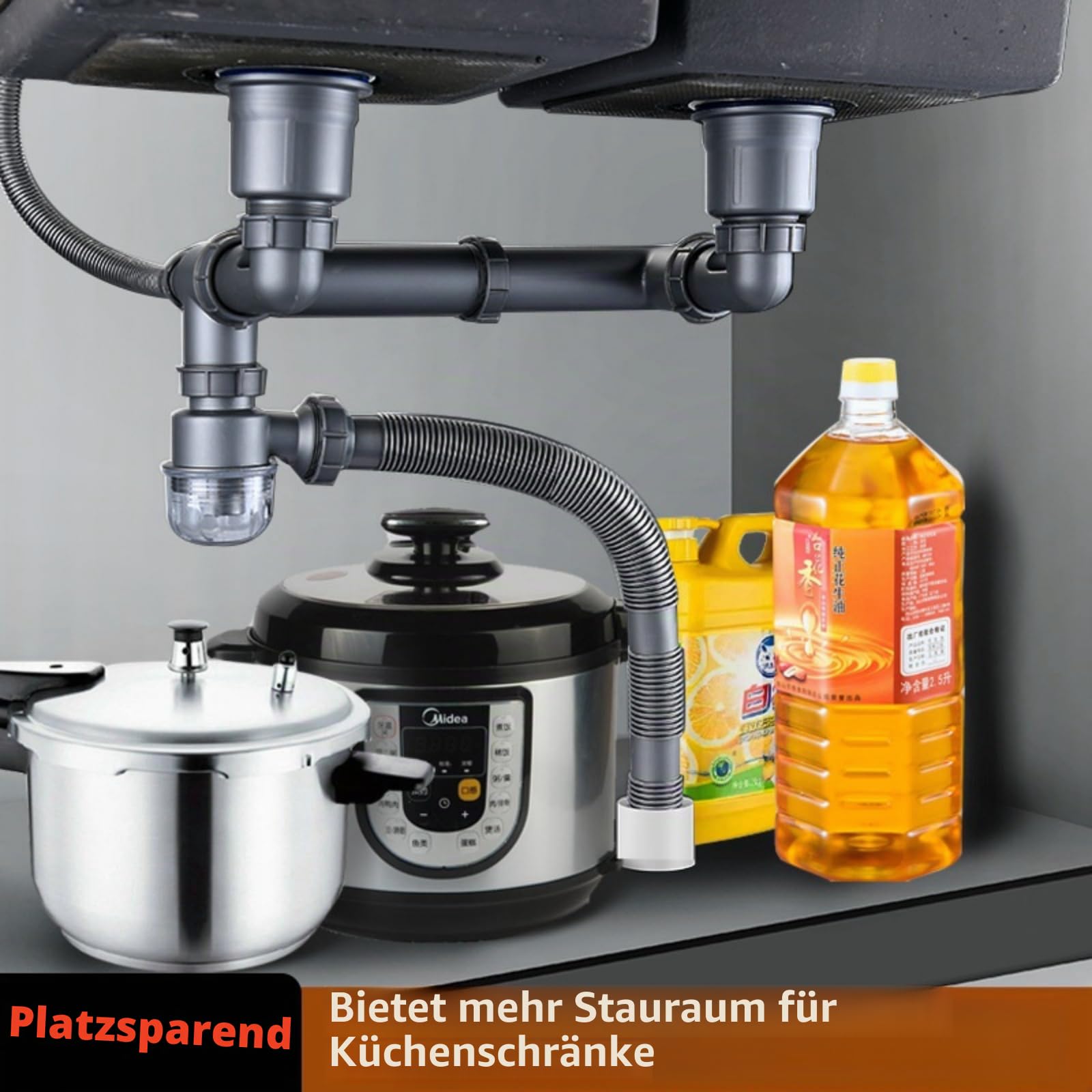 Doppelspülen-Ablaufset Platzsparendes Küchenspülen-Ablaufset Ausziehbares Flexibles Siphonrohr 114mm Spülenablauf-Montageset mit 4-Wege-Anschlussadapter für Geschirrspüler
