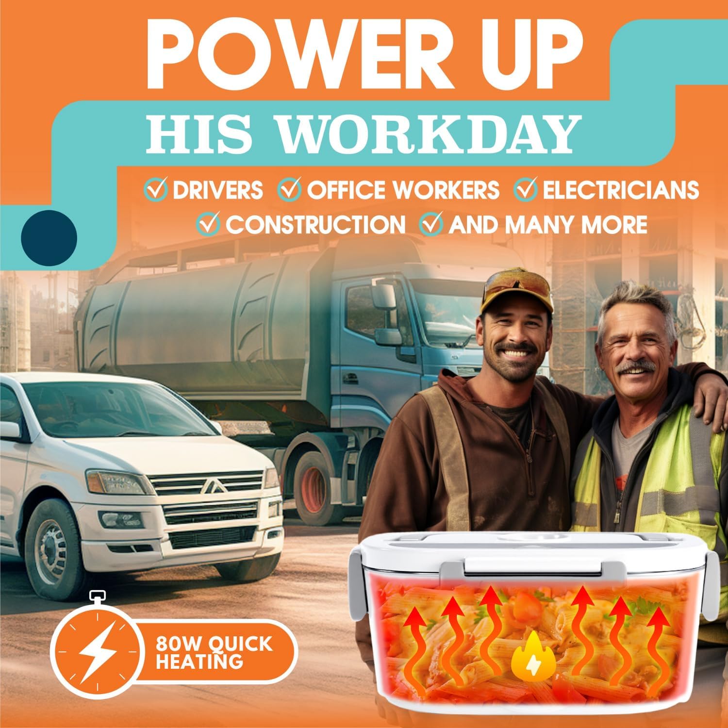 TRAVELISIMO Electric Lunch Box for Adults 100W Heated Lunch Box For Men 1.5L Stainless Steel Portable Food Warmer, 12/24/110V for Travel & Work, Loncheras Electricas Para Calentar almuerzo