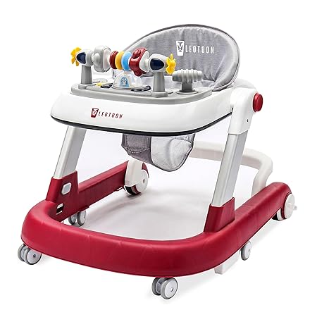 Leotoon 2-in-1 Sienna Baby Walker | 2 Level Adjustable Height | Musical Tray | Infant Activity Walker | 4 Multi-Directional Mute Wheels | LED Decorated | Foldable Design | Foot Mat | Anti Fall | Rear Wheel With Speed Control | Safe | BIS Certified | (Red) (6-24 Months)