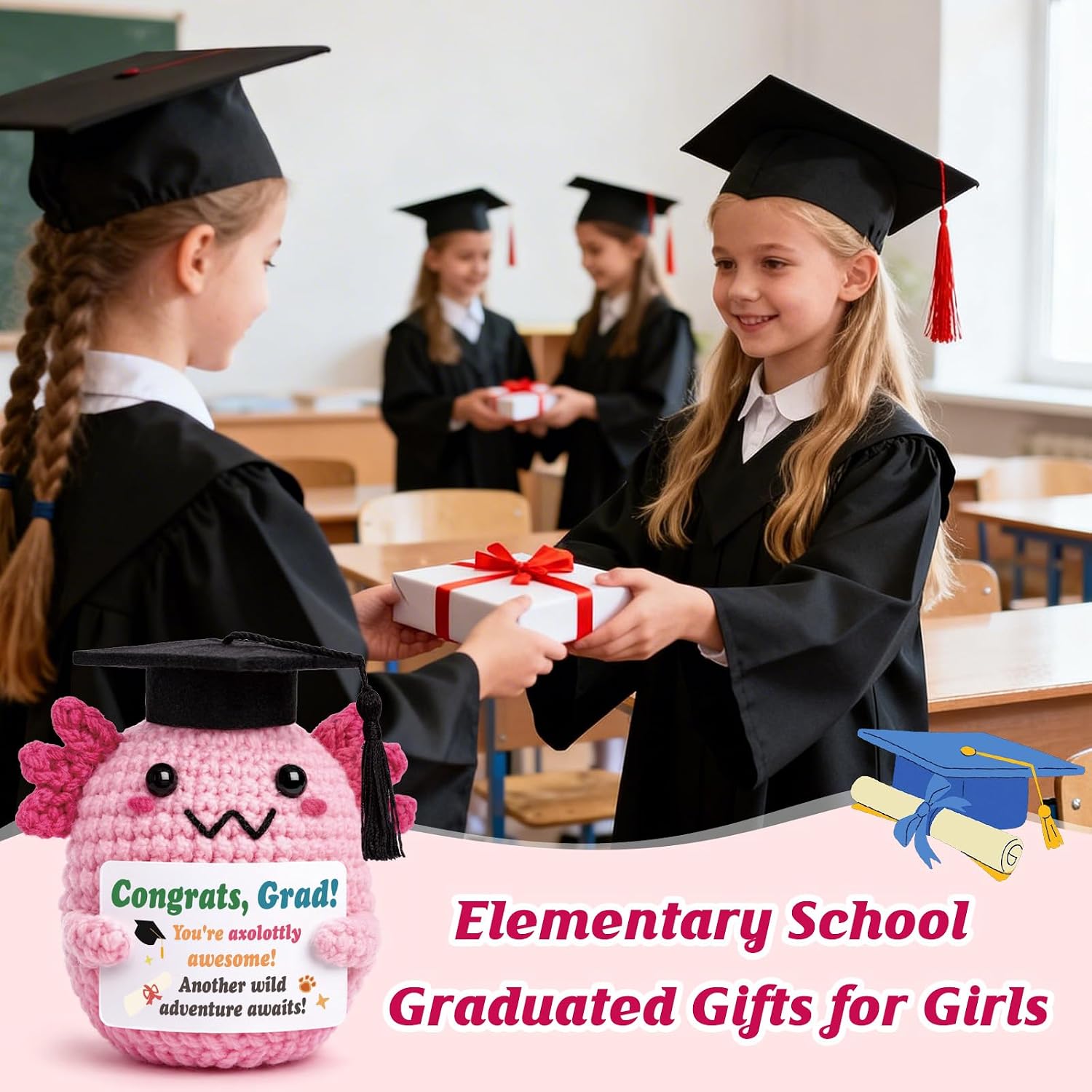 Graduation Gifts, Handmade Crochet Axolotl for Prek Pre k Preschool Kindergarten Elementary High School College Graduated Students, 5th Grade 2026 Graduation Gift for Girls Boys Him Her