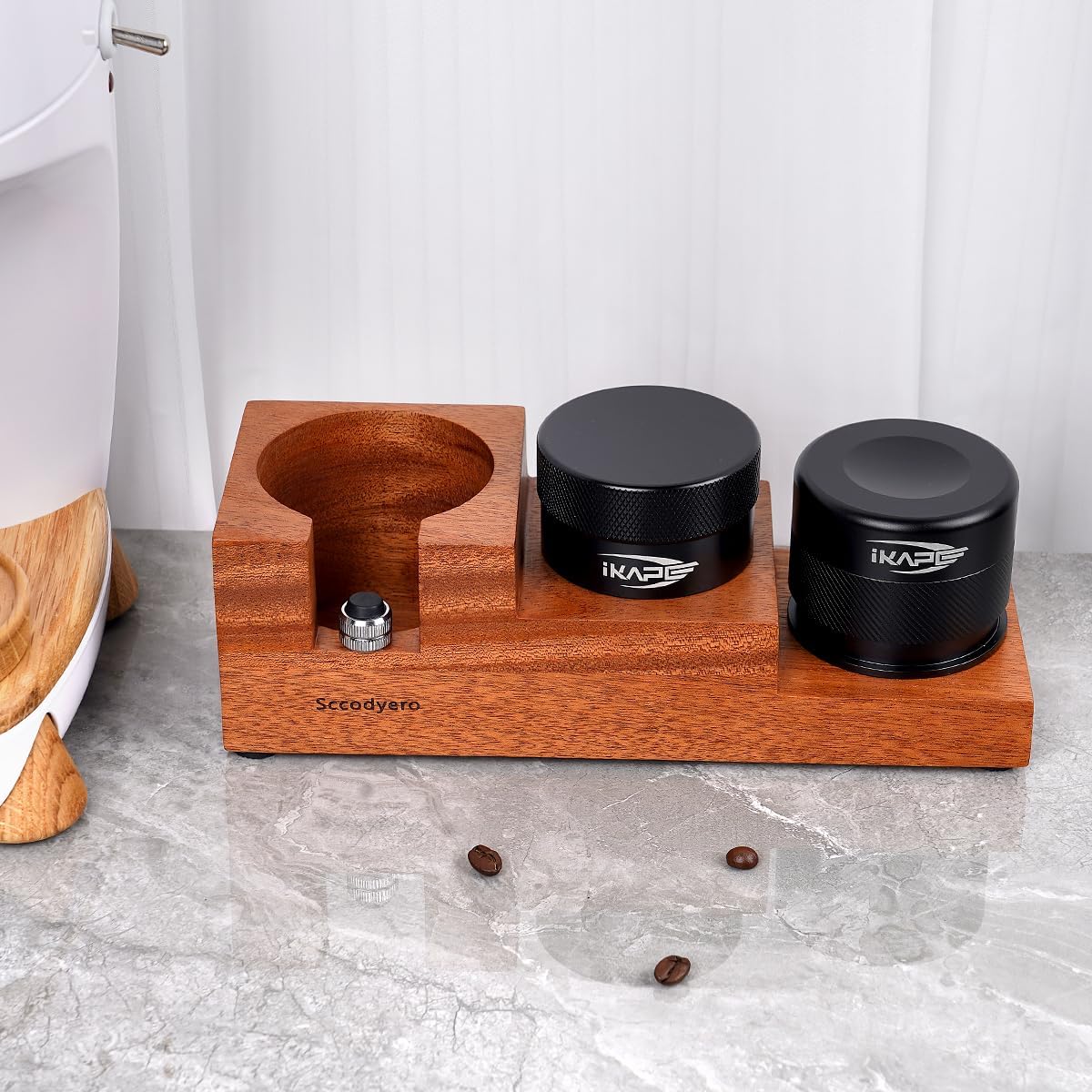 58MM Espresso Tamping Station Wood Tamper Station Ladder Shape Portafilter Holder with Adjustable Nut, Tamp Station for 58mm Portafilters, Tamper and Distributor