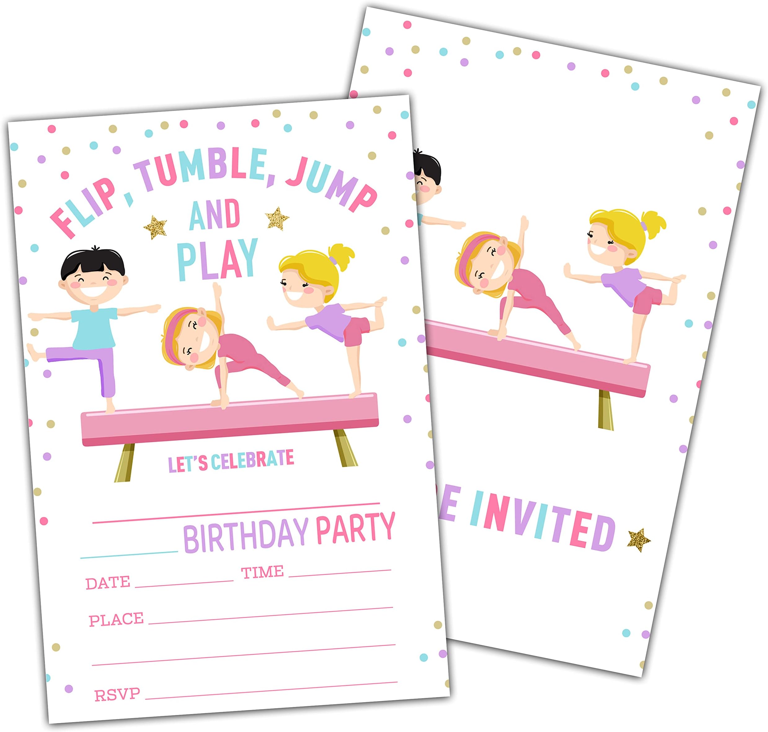 NYCTUG Tumble Jump & Play Birthday Party Invitation Cards, Gymnastics Double-Sided Party Invitation For Teens Boys & Girls-Kid's Party Celebration Supplies, 20 Fill-In Invitations With Envelope-B14