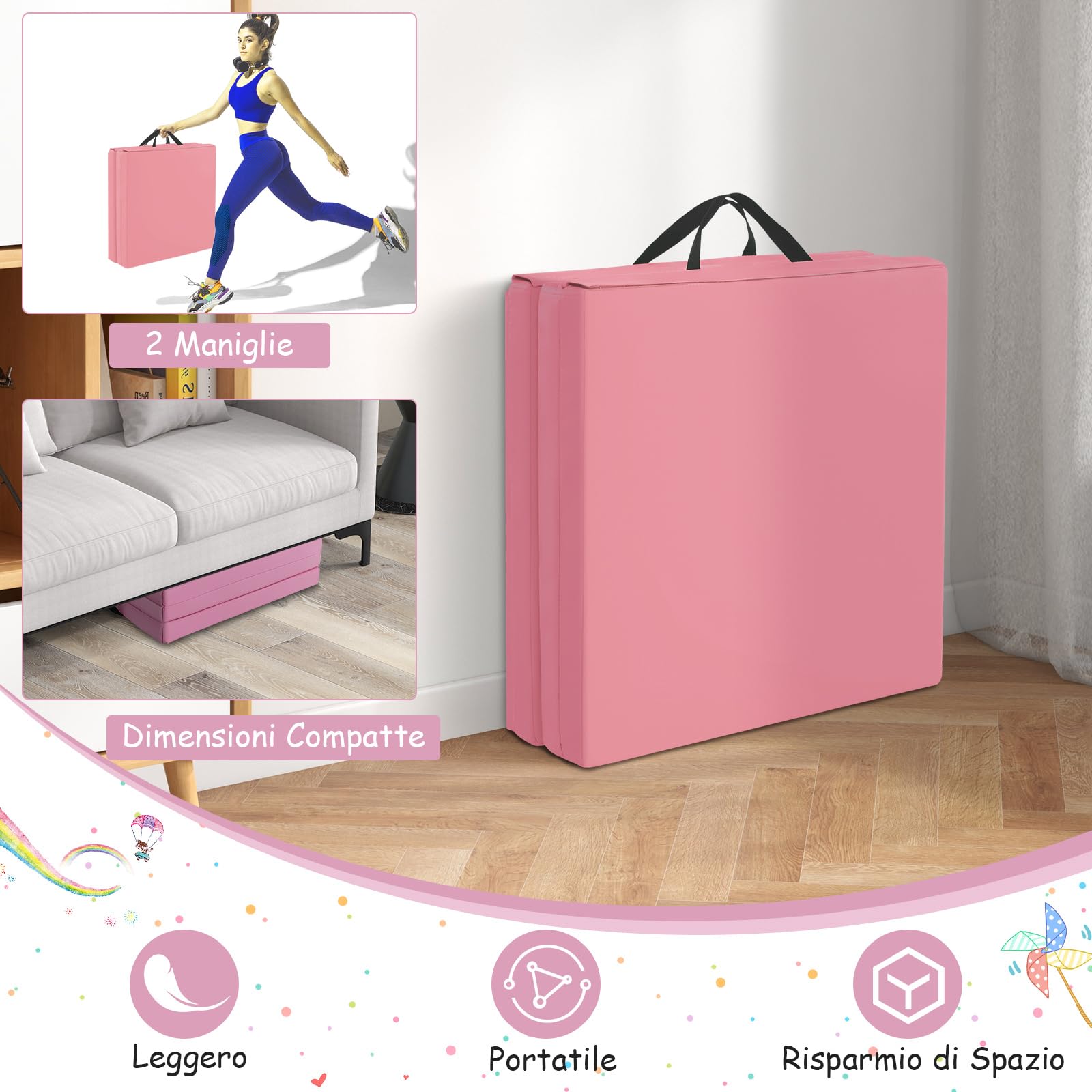 COSTWAY Tappetino da Yoga Spesso, Tappetino Fitness Pieghevole e Portatile con Imbottitura in EPE, Cerniera e Maniglie, Materassino Allenamento da Casa e Palestra, 180 X 60 X 5 cm