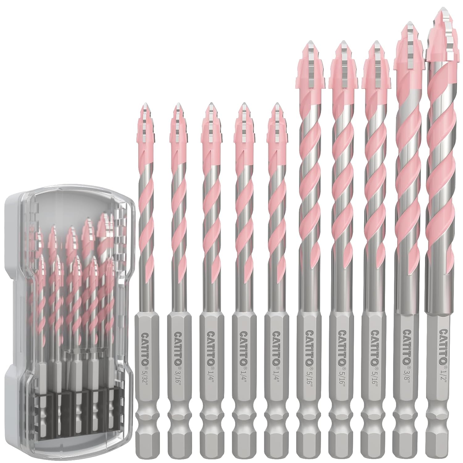 CATITO Multi-Tooth Concrete Drill Bit Set - 10PCS - Pink, Multi-Tooth Masonry Drill Bit, Carbide Tipped, Hexagonal Shank Drill bit, Glass, Brick, Ceramics, Plastic and Wood