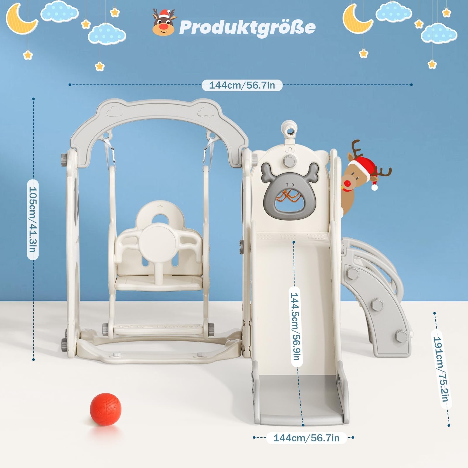 6-in-1 Kinder Rutsche Indoor/Outdoor,Montessori Spielzeugset mit Klettergerüst,Basketballkorb,Krabbeltunnel & Teleskop, Sicherheitsgetestet HDPE Kunststoff für Kinder ab 1 Jahr(Beige-grau)