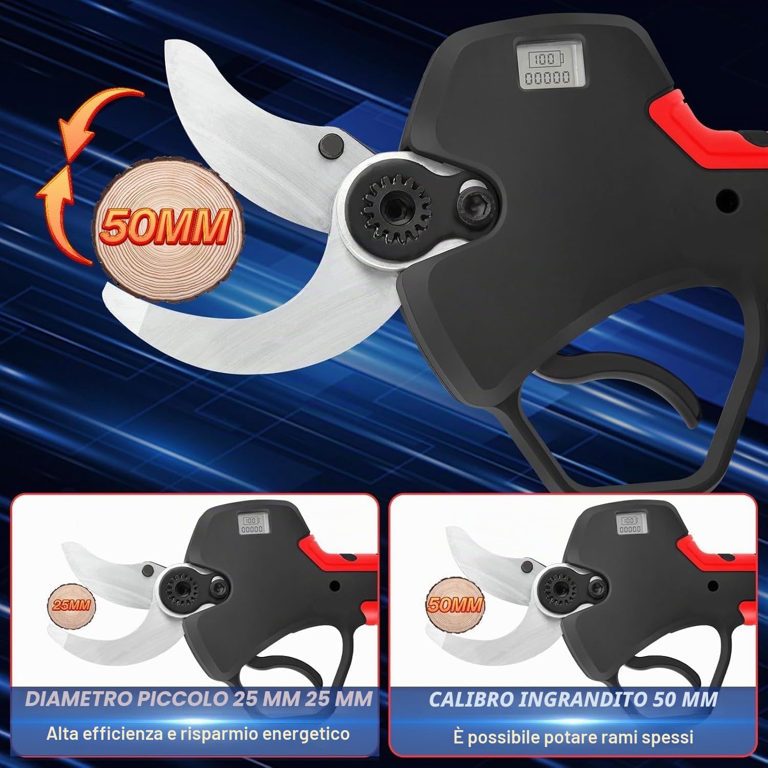 50mm Forbici Potatura a Batteria con Asta: Forbice Potatura a Batteria Telescopica 2,4m con Motore Brushless, 2 Batterie da 2000mAh 21V, Cesoie a Batteria per Potatura per Ulivi, Vigneti, Giardino