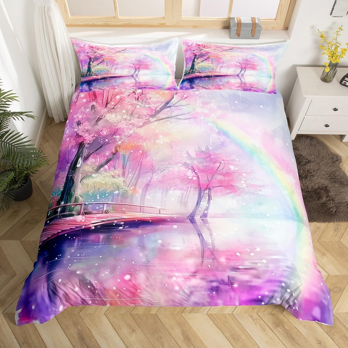 Spring Scenery Duvet Cover Set Toddler Size 2 Pcs Watercolor Pink Cherry Blossom Trees Bedding Set for Kids Girls Teens Colorful Rainbow Nature Dreamy Comforter Cover with 1 Pillowcase,No Comforter