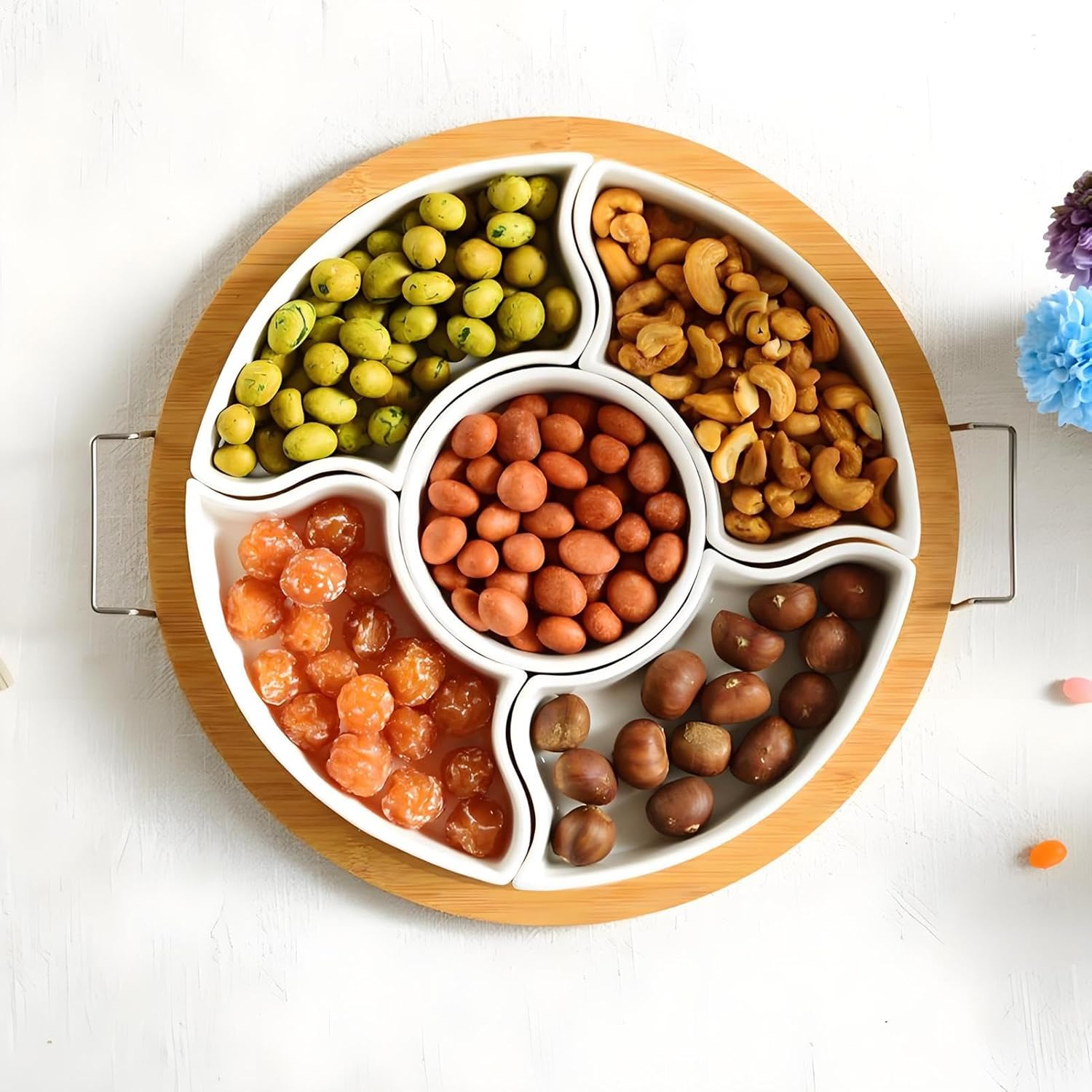仕切り付きサーブトレイ - パーティー用フルーツ盛り合わせトレイ | 取り外し可能5分割ラウンドオードブルプレート パーティー接待感