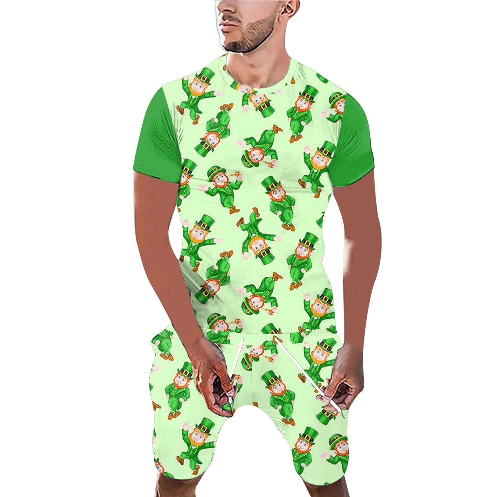 Irish Leprechaun Fancy Dress Costume for Men 2 Piece Green Suit with Funny Graphic T-Shirt & Stretch Shorts St Patrick's Day Party Outfit, St Paddy's Celebration