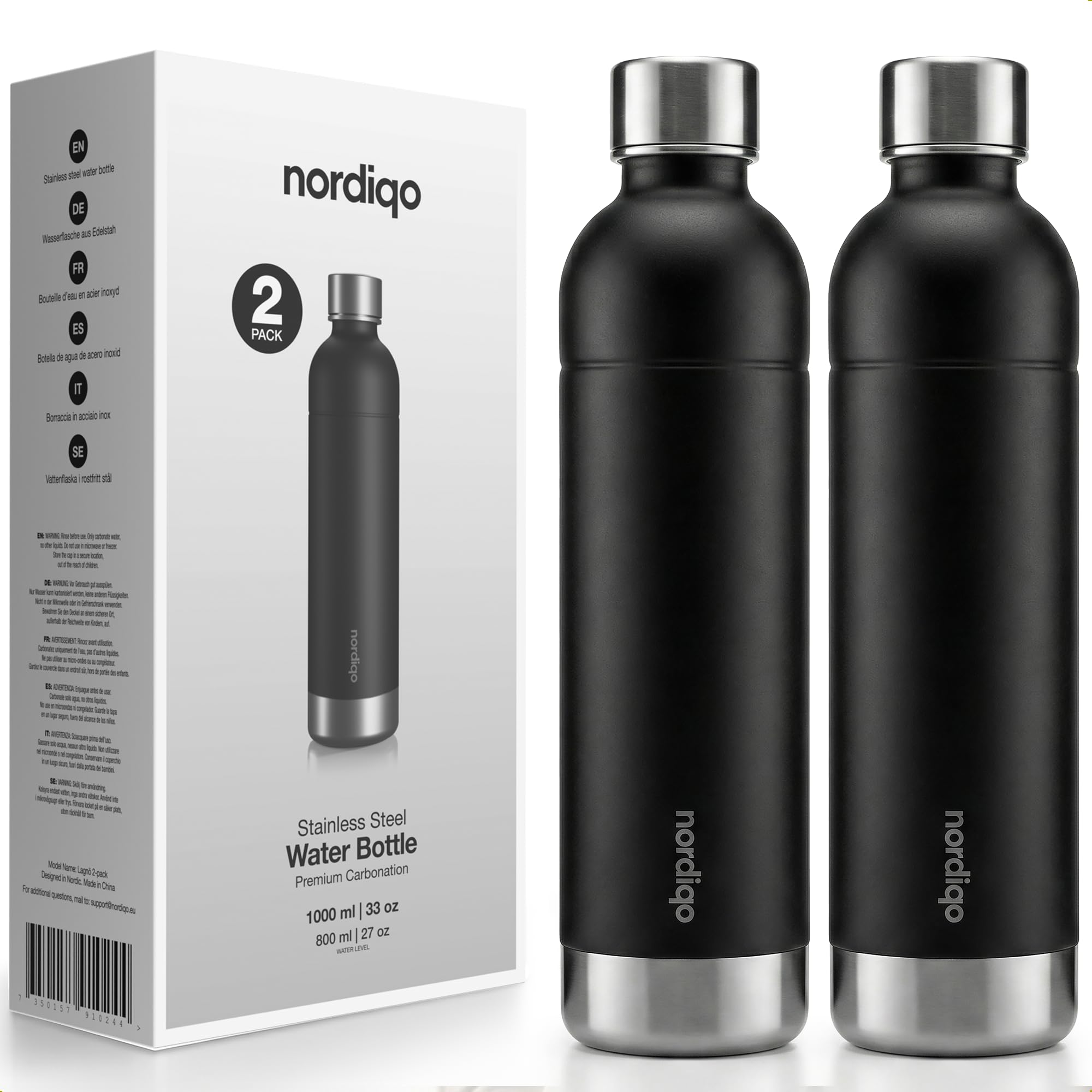 Edelstahl Sprudelflasche 1L | Kompatibel mit Aarke Carbonator 3, SodaStream Duo & Kunststoffflaschen | Nicht für Crystal & Jet | Kein Ablaufdatum | Plastikfrei | 2x Schwarz