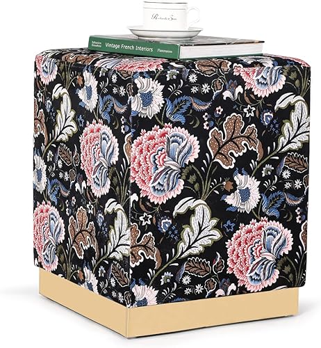 Miniatura 13 de Homebeez Taburete otomano redondo de terciopelo rosa de 13.7 pulgadas de ancho con ribete dorado, taburete acolchado suave y compacto, diseño