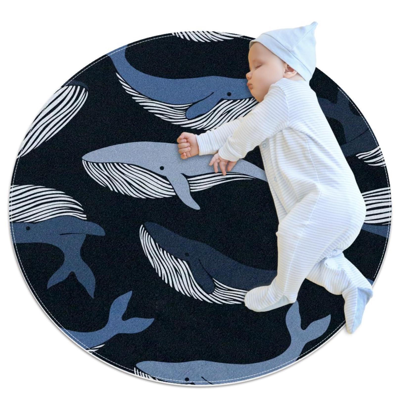 Tapis de salle de bain baleine bleu marine Ø 1m antidérapant rond pour chambre enfant