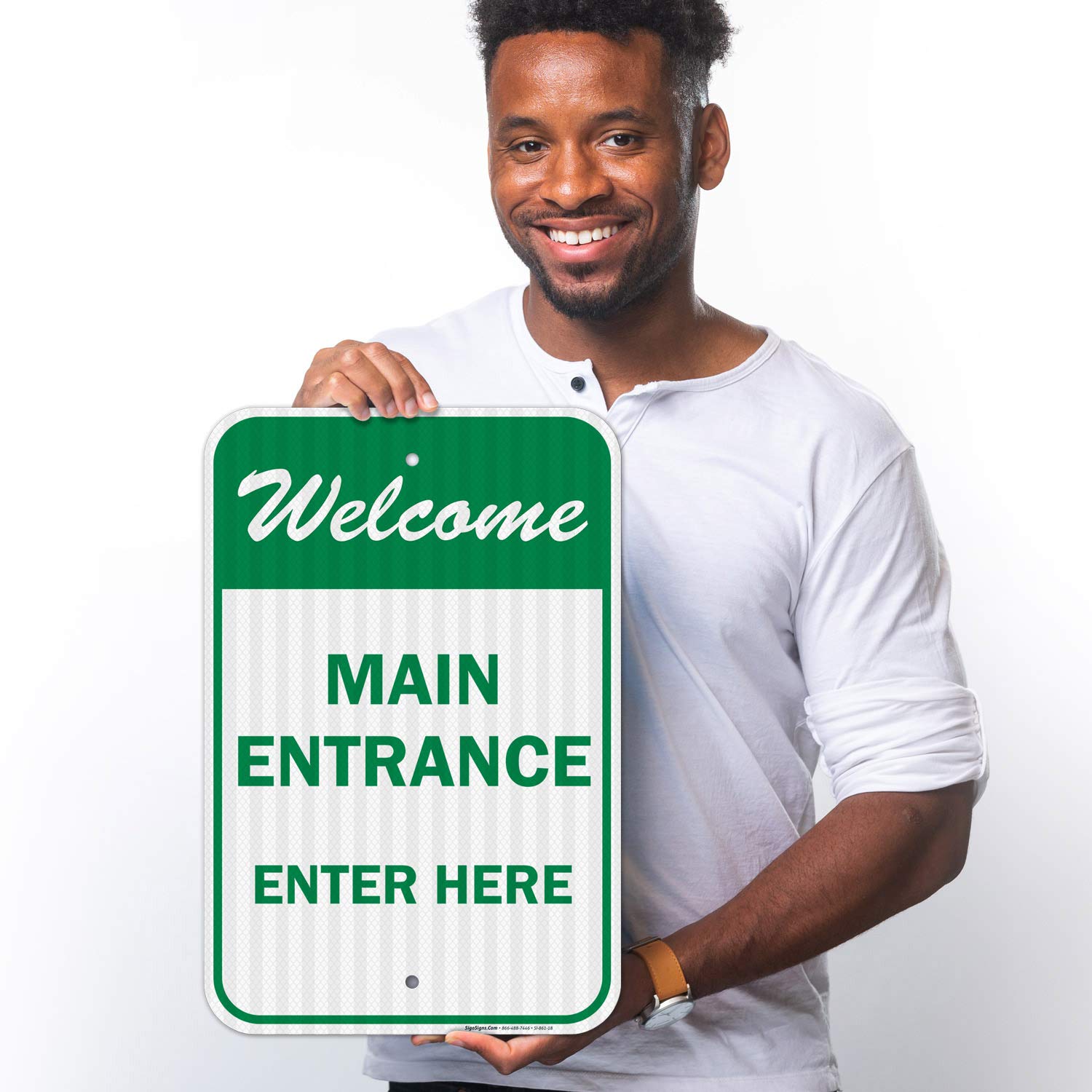 Main Entrance Enter Here Sign, 12x18 Inches, 3M EGP Reflective .063 Aluminum, Fade Resistant, Easy Mounting, Indoor/Outdoor Use, Made in USA