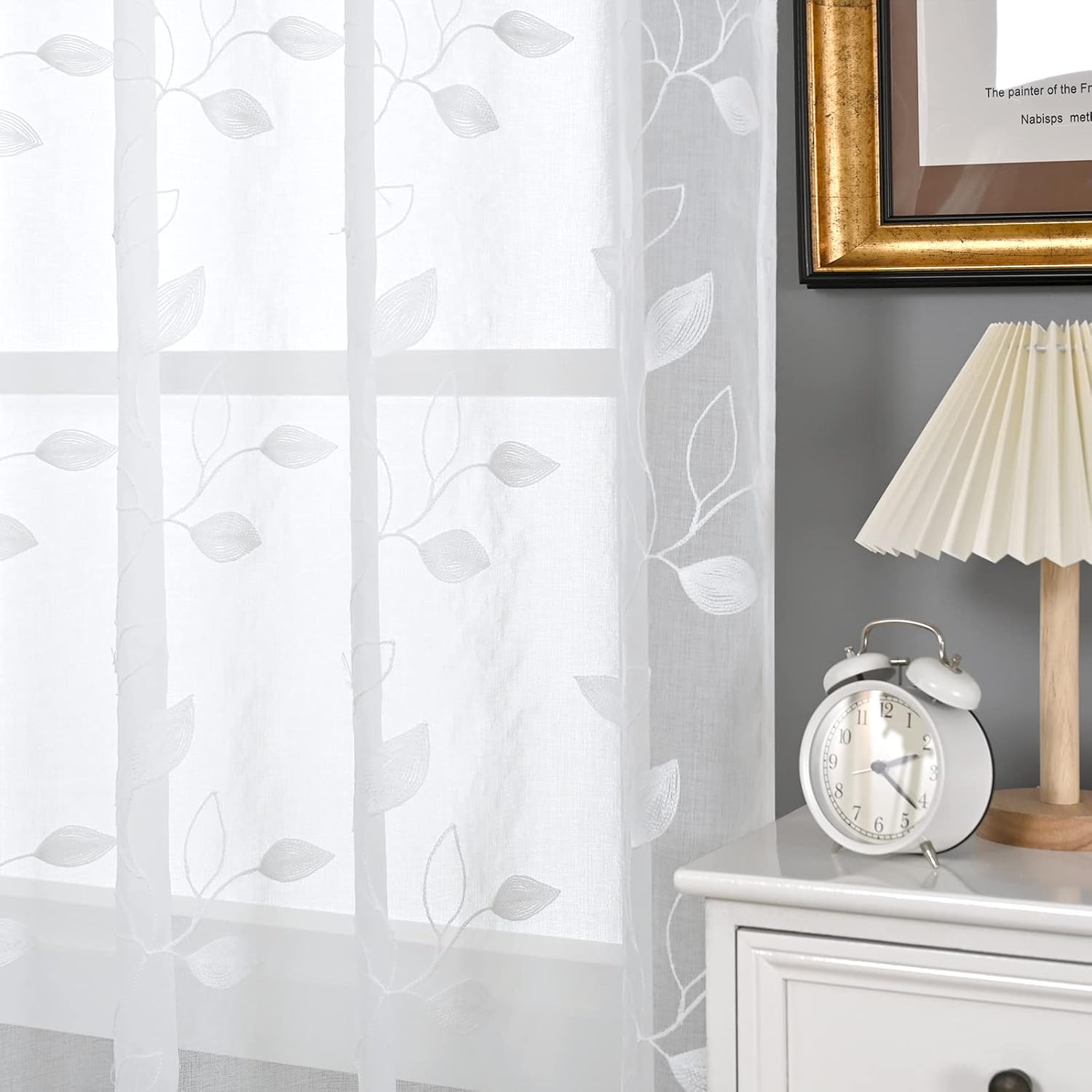 BGment White Sheer Curtains 84 inches Long - Embroidered Leaves Pattern Light Filtering Curtains for Living Room Grommet Thin Window Semi Sheer Voile Drapes, Each Panel 52 x 84 Inch