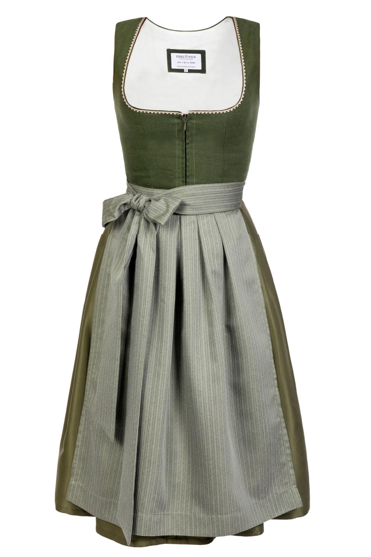 Edelnice Trachtenmode Midi Dirndl Anni aus Leinen Grün inkl. Dirndlschürze 42