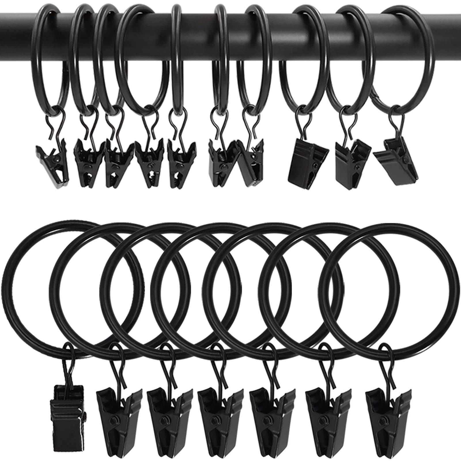 AMZSEVEN 100 Pack Metal Curtain Rings with Clips, Drapery Clips Hooks, Decorative Curtain Rod Clips 1.5 in Interior Diameter, Vintage Black