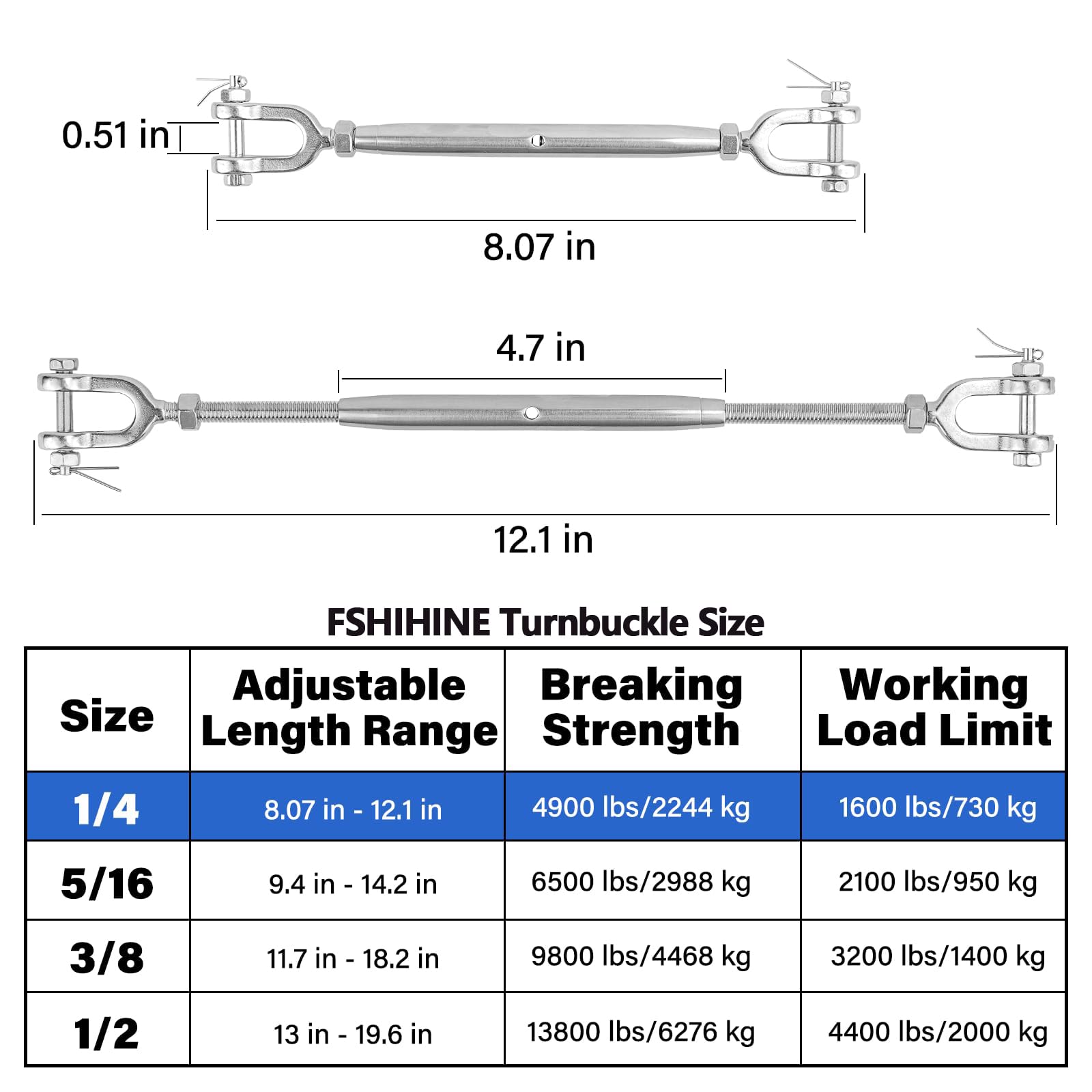 Tenditore in acciaio inox 304, 1/4" (M6), limite di carico di lavoro di 1500 kg, tenditori a ganascia e ganascia per cavi, vela ombreggiante, tensione fune, vite di sartiame