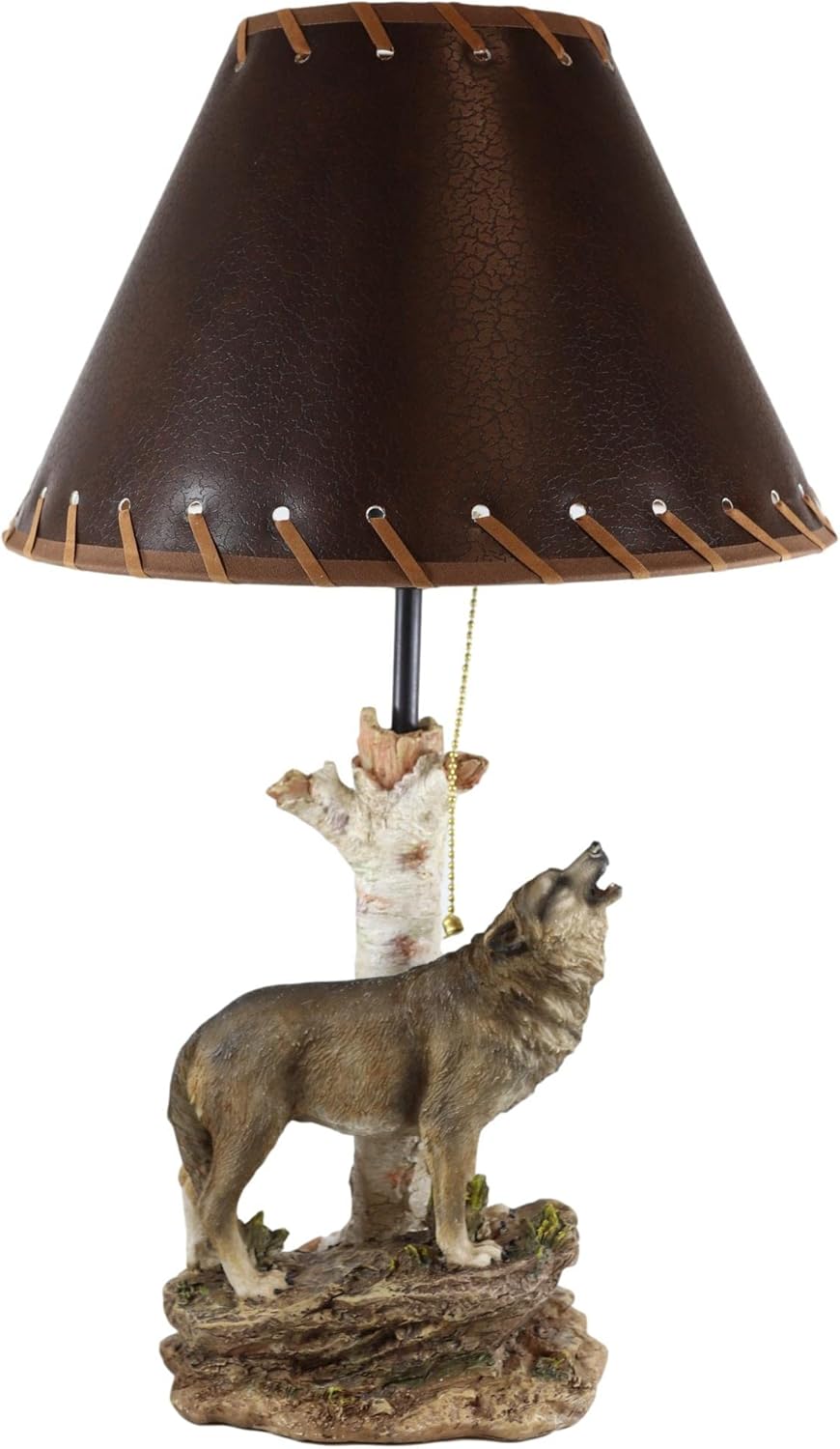Ebros Gift Woodlands Forest Twilight Zone Lone Alpha Grey Wolf Howling by Birchwood Tree Desktop Side Table Lamp with Brown Faux Leather Laced Shade Gray Direwolf Wolves Timberwolves Decor
