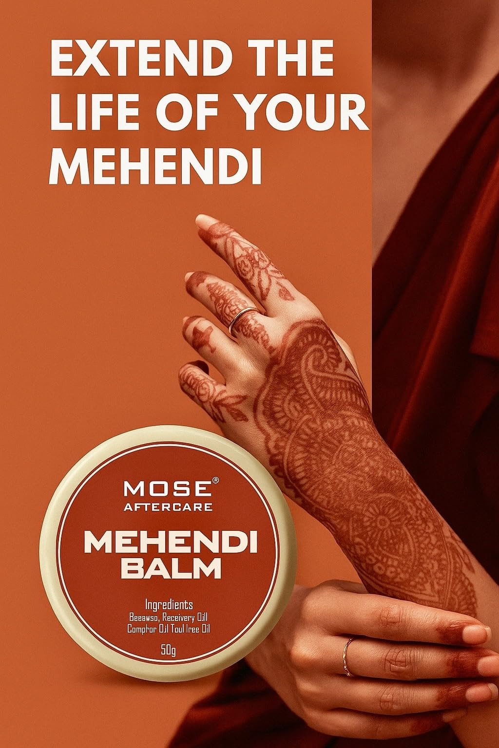 Mose Aftercare Mehendi Care Balm (50g) Mehendi Stain Care With Beeswax, Natural Essentials Oils & Fragrance. 100% Organic & Hand Made Mehendi Care Balm 3