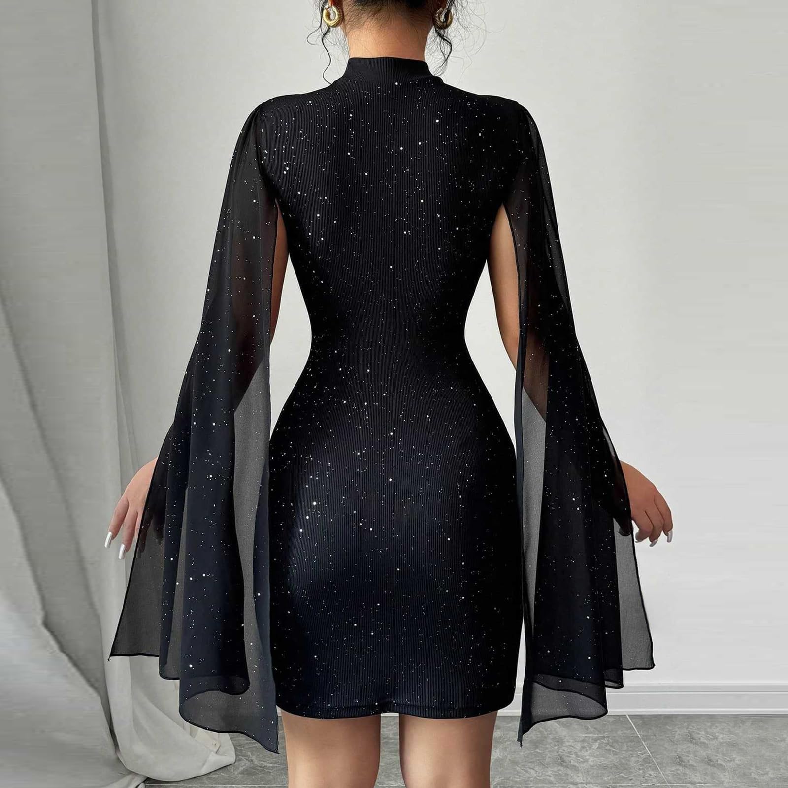 Robe Femme Sexy Manches Longues Bodycon Mini Robes Moulante Chic et Élégante Wrap Robe de Soiree Décontractée Col Haut Courte Robes Fourreau de Clubbing Cocktail Fête