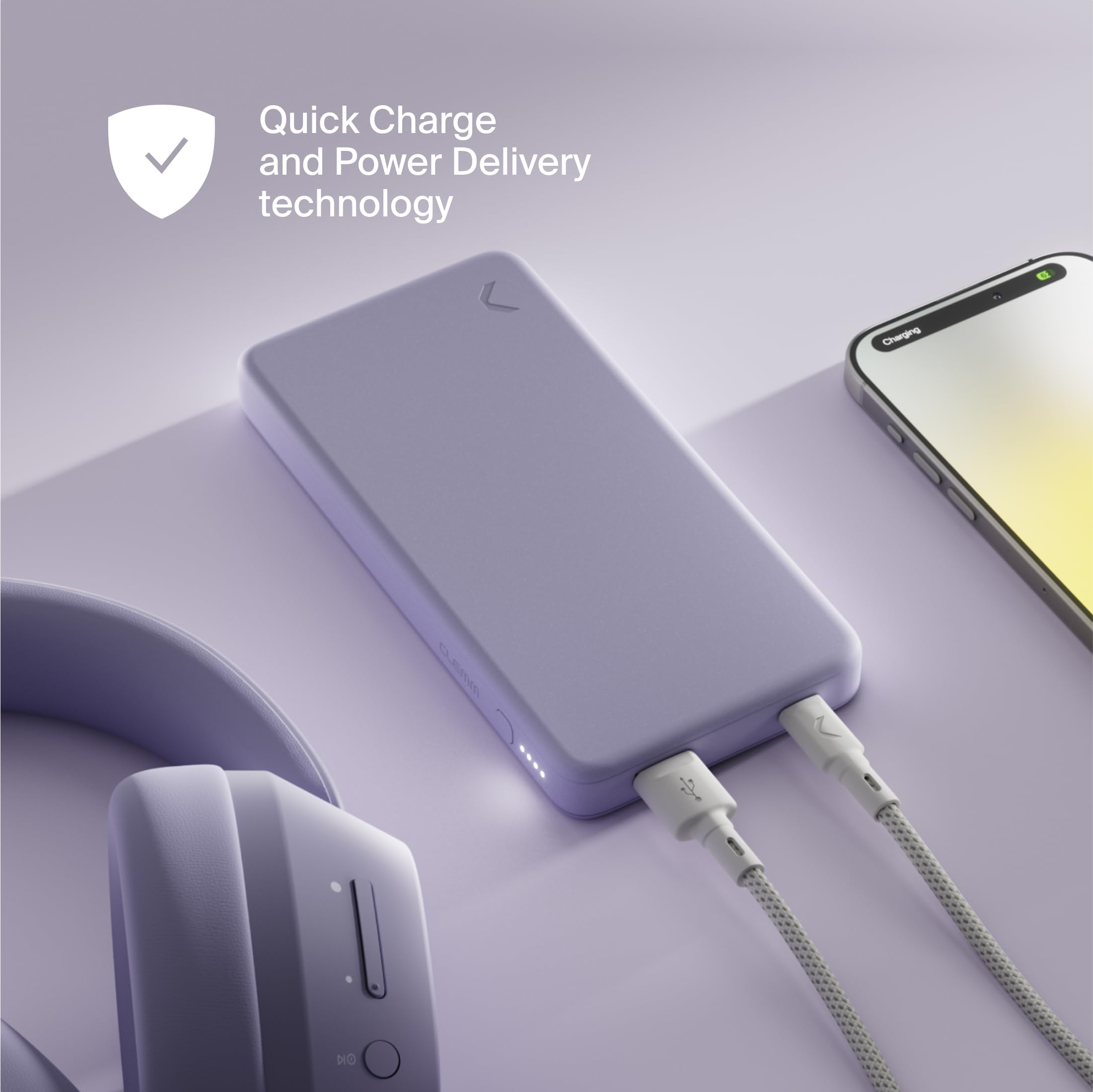 Clemm Caricabatterie portatile 10K mAh Dual Port (USB-A, USB-C) Ricarica rapida Power Bank per iPhone 16/15/14, Samsung Galaxy, iPad, Google Pixel e altri, lavanda
