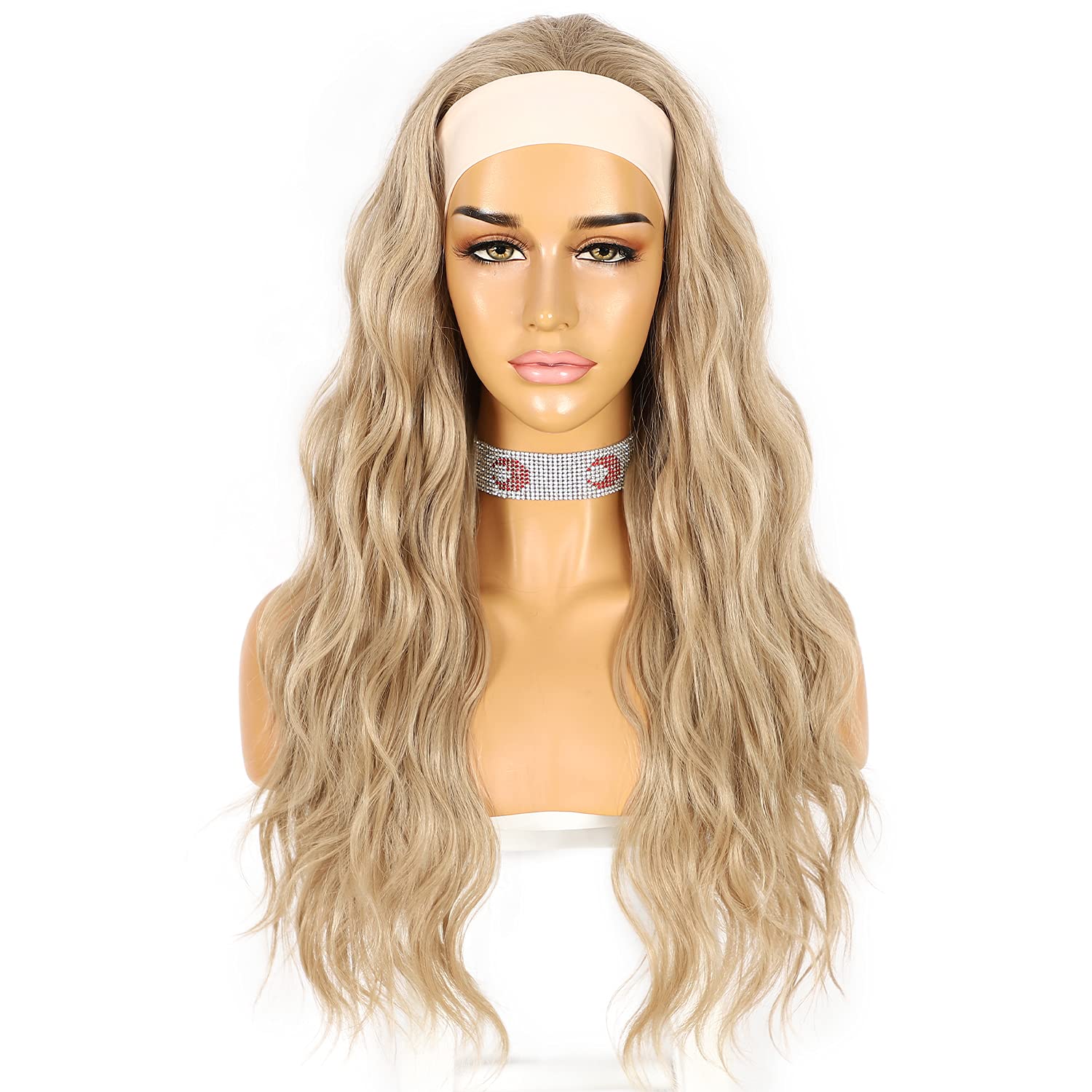 Sapphirewigs Body Wave Headband Wig Ash Blonde Synthetic Long Wavy Wigs for Women Glueless Hair Natural Looking 150% Density 26 inch - Image 4
