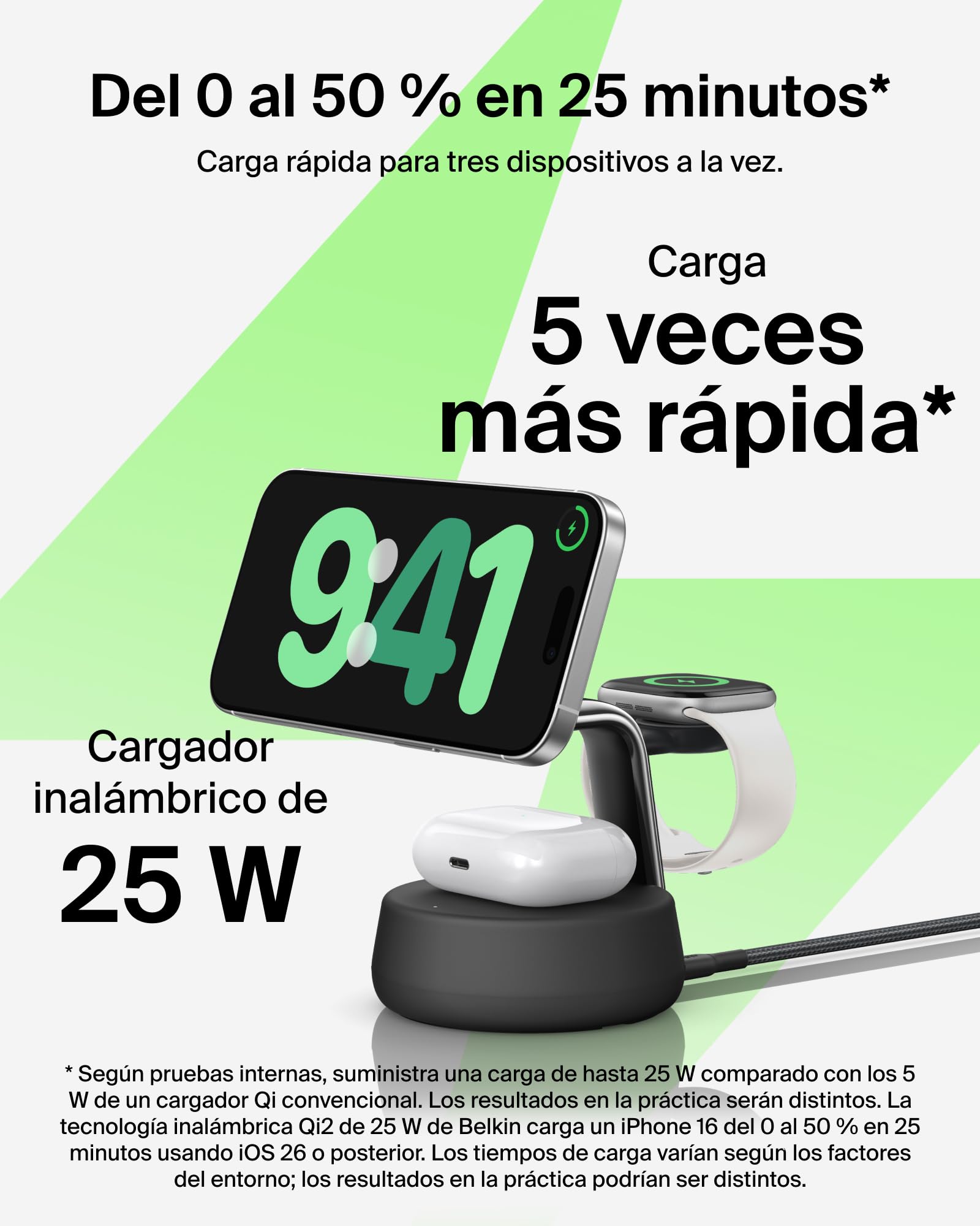 Belkin UltraCharge Pro Cargador Inalámbrico 3 en 1, 25W, Qi2 Compatible con MagSafe, Estación de Carga para iPhone 17, Air, Apple Watch, AirPods, Pixelsnap con Ventilador, Adaptador 45W - Negro