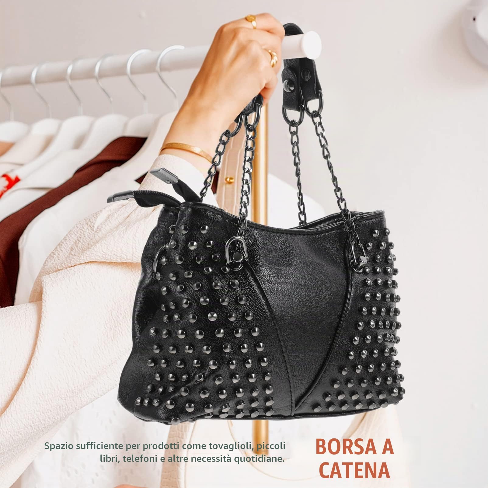 Borsa a Tracolla Donna Con Catena E Borchie in Pu 7.28X5.91X3.54 Pollici Borsa Casual Per Tempo Libero Shopping Viaggi Con Spazio Per Telefono Chiavi E Cosmetici