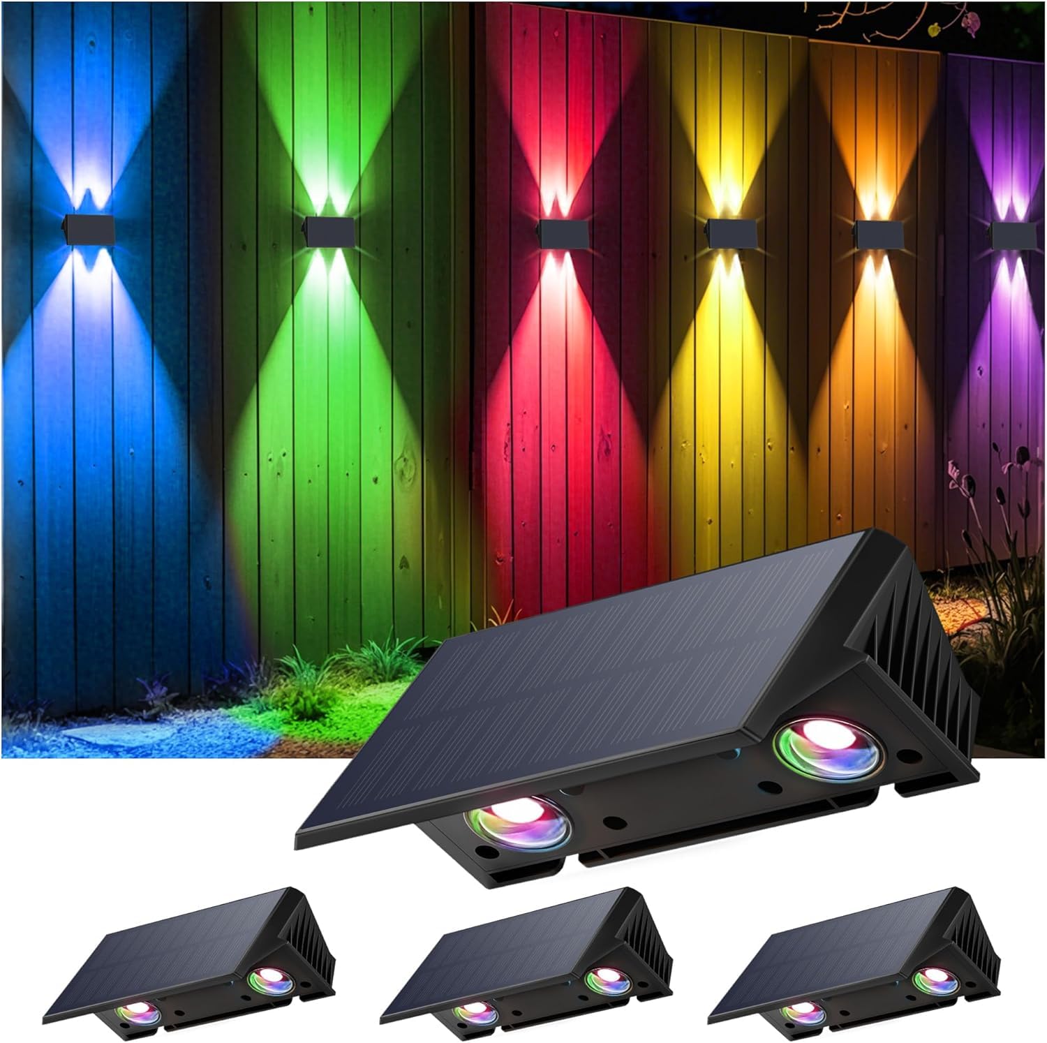 IIRARA wandleuchte solar außen solar wandleuchte aussen solarlampen Nach Oben und Unten Beleuchtet 4 LEDs IP67 Wasserdichte Solarleuchte für Garten Balkon Terrasse Treppen RGB 4er