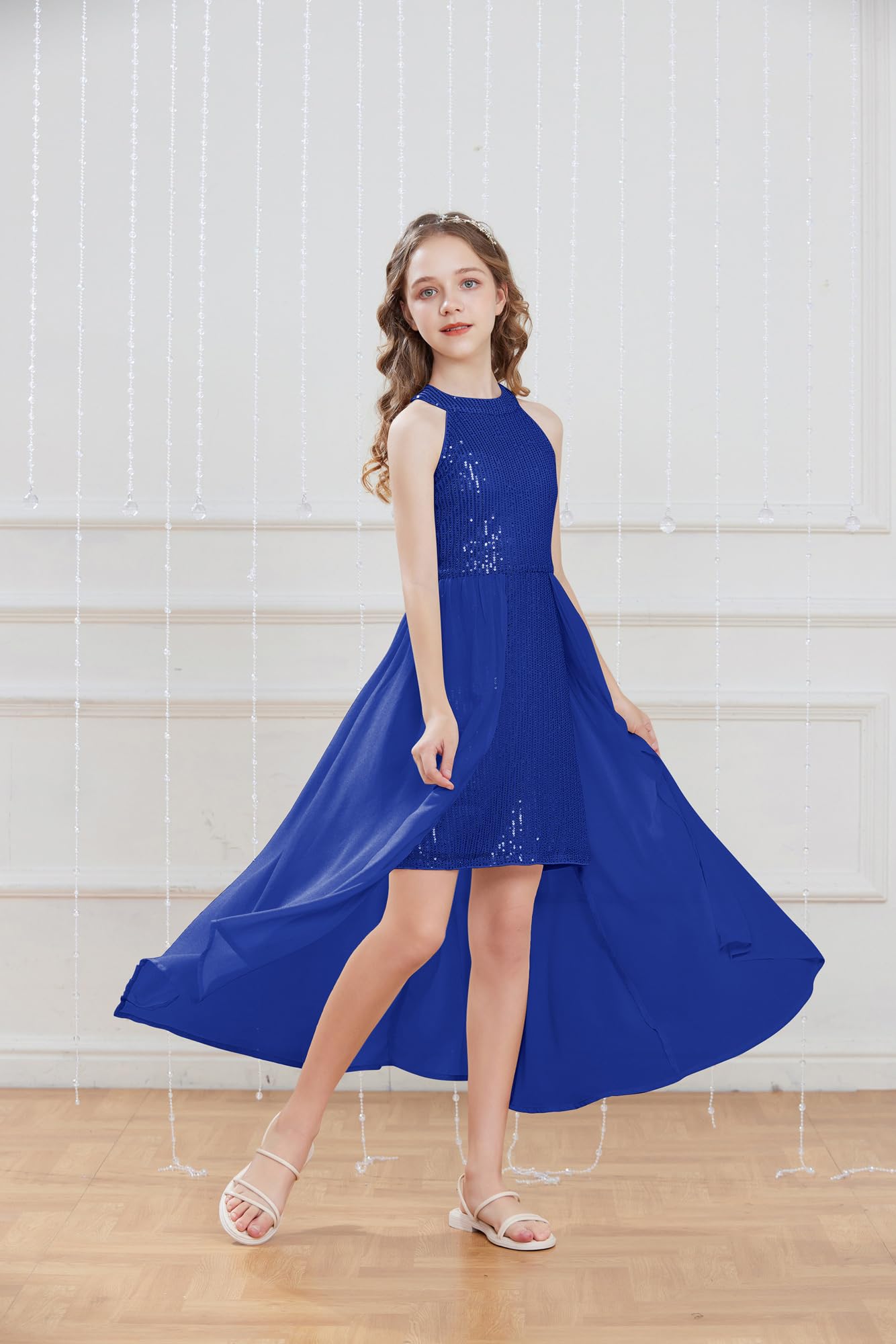 GRACE KARIN Bambina Vestito da Festa con Paillettes Abito Lungo Halter Senza Maniche con Sovrapposizione in Chiffon