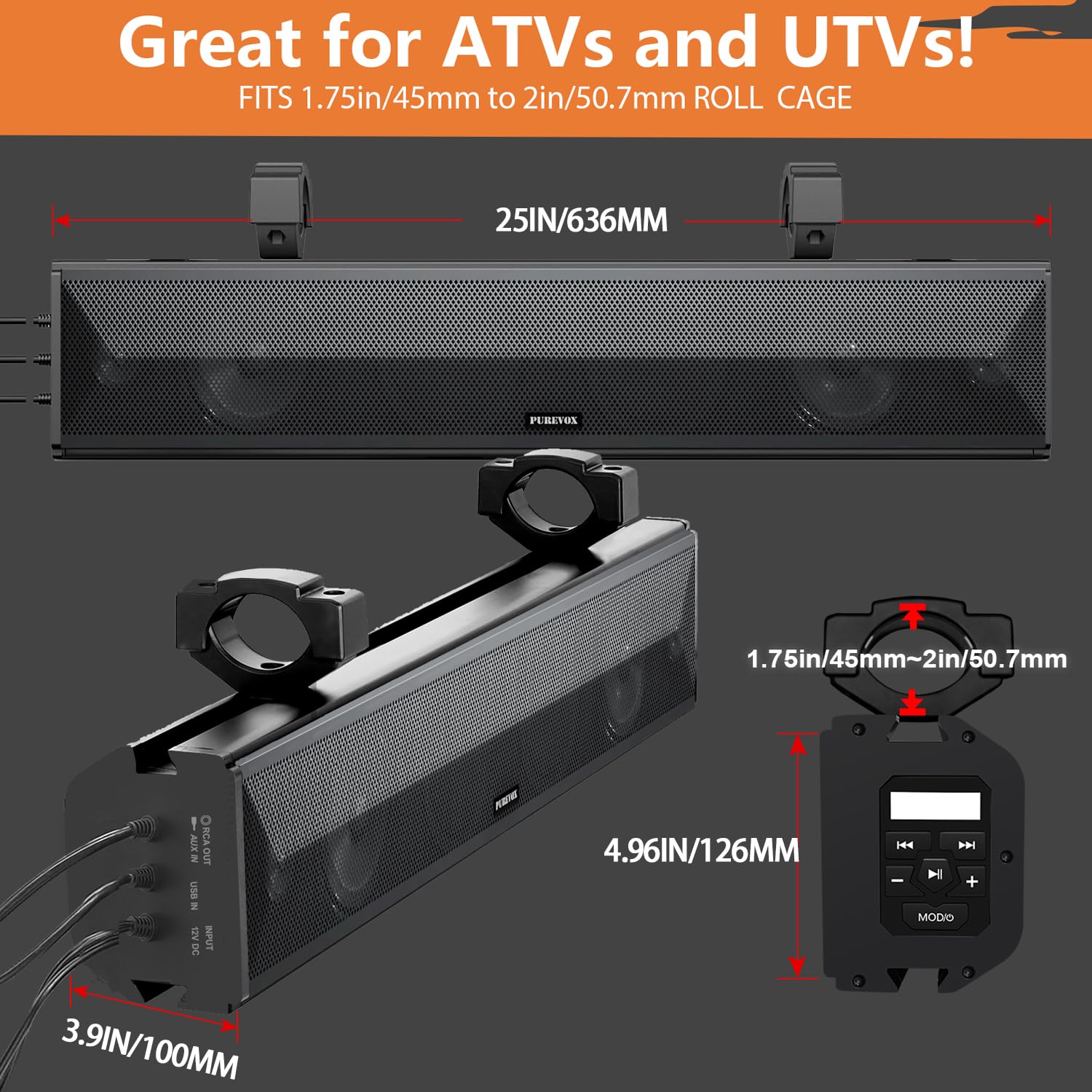 UTV Sound Bar, soundbar ATV da 66 cm, con luci multicolore SXS Sound Bar impermeabile Bluetooth Golf Cart Sound Bar per Polaris RZR Can-Am Defender Maverick