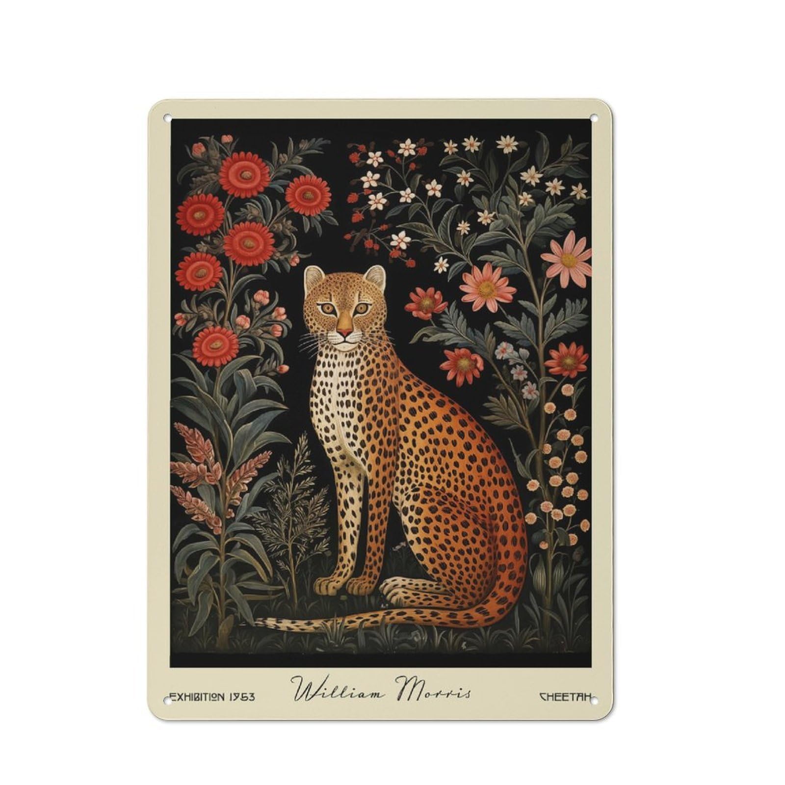Junmoney Style-18 Vintage Tin Sign 40X30cm With Cheetah William Morris Flowers For Bar Or Restaurant, Suited To Bar Decor Enthusiasts