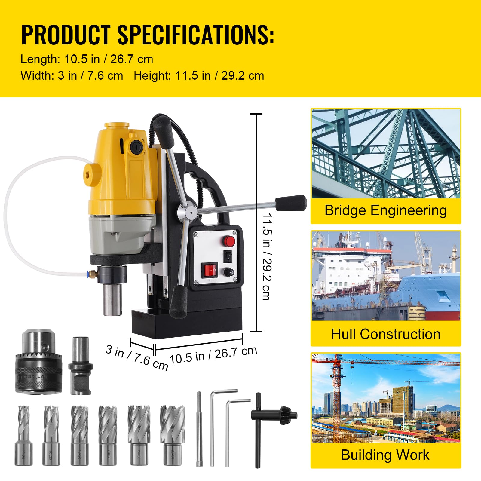 RICHRICH Taladro magnético 1100 W, diámetro de aleta de 1-1/2 pulgadas (40 mm), taladro de columna magnética MD40, 12000 N, 670 rpm, con 6 fresas anulares HSS, sistema de perforación, construcción