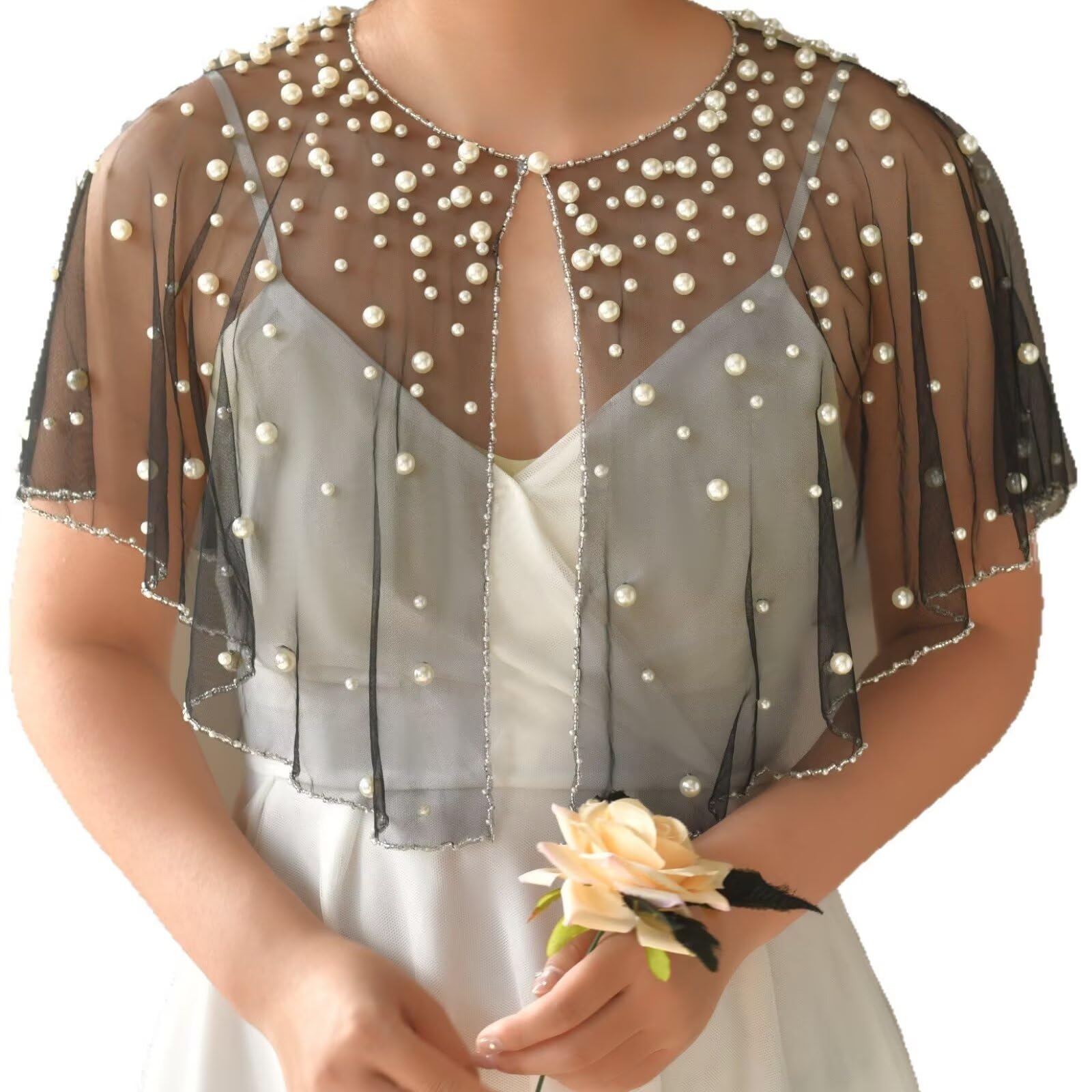 Châle de soirée doux pour femme, cape en tulle doux ornée de perles et de strass, écharpe de mariée en tulle doux, châle de soirée, étole de mariage, noir