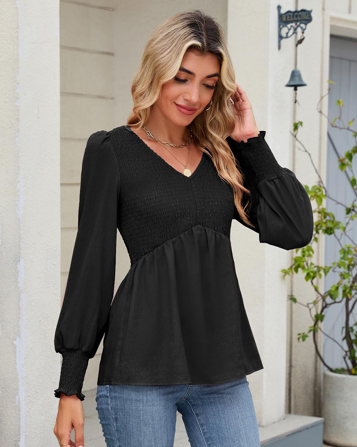 HEYTALALA Womens Long Sleeve Shirts V Neck Peplum Tops Dressy Casual Smocked Babydoll Blouses 2025 Fall Trendy Outfits - Image 3