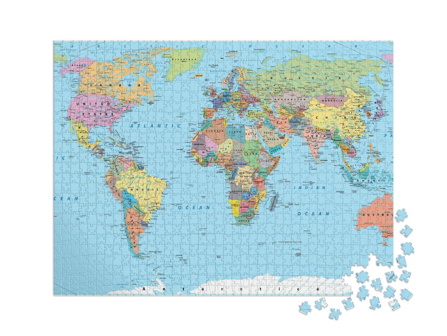 Puzzle 1000 pièces XXL « Carte du Monde en Couleur - frontières, Pays, Routes et Villes »